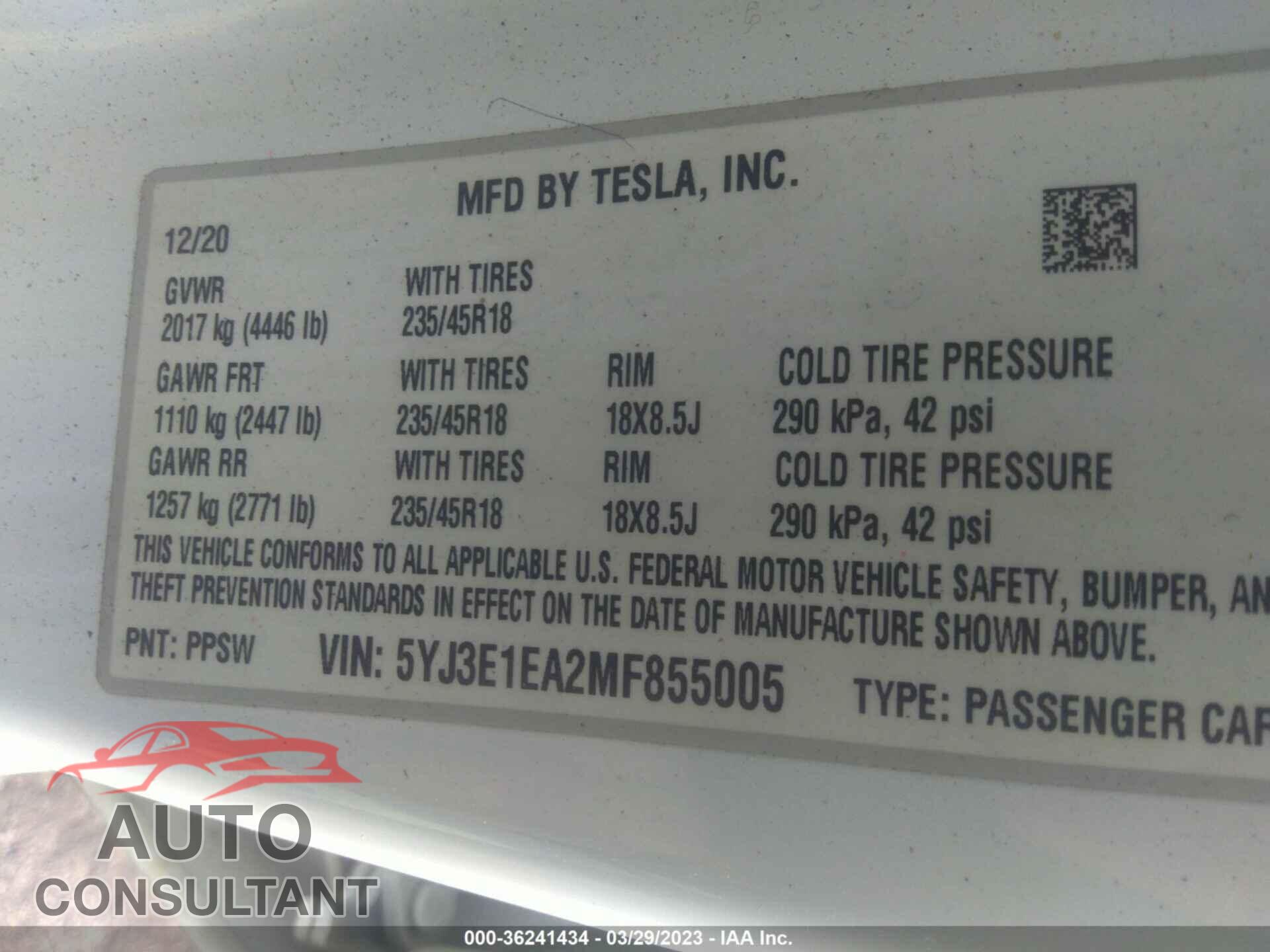 TESLA MODEL 3 2021 - 5YJ3E1EA2MF855005