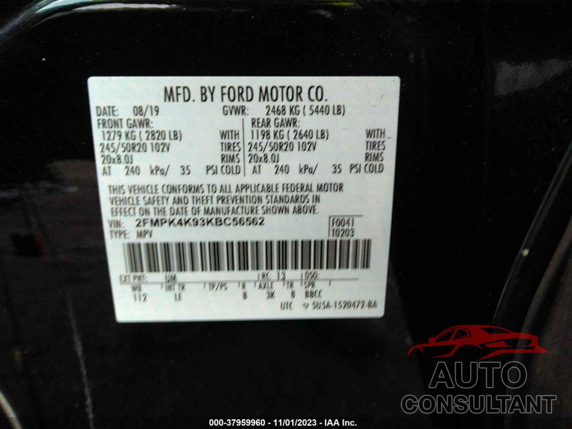 FORD EDGE 2019 - 2FMPK4K93KBC56562