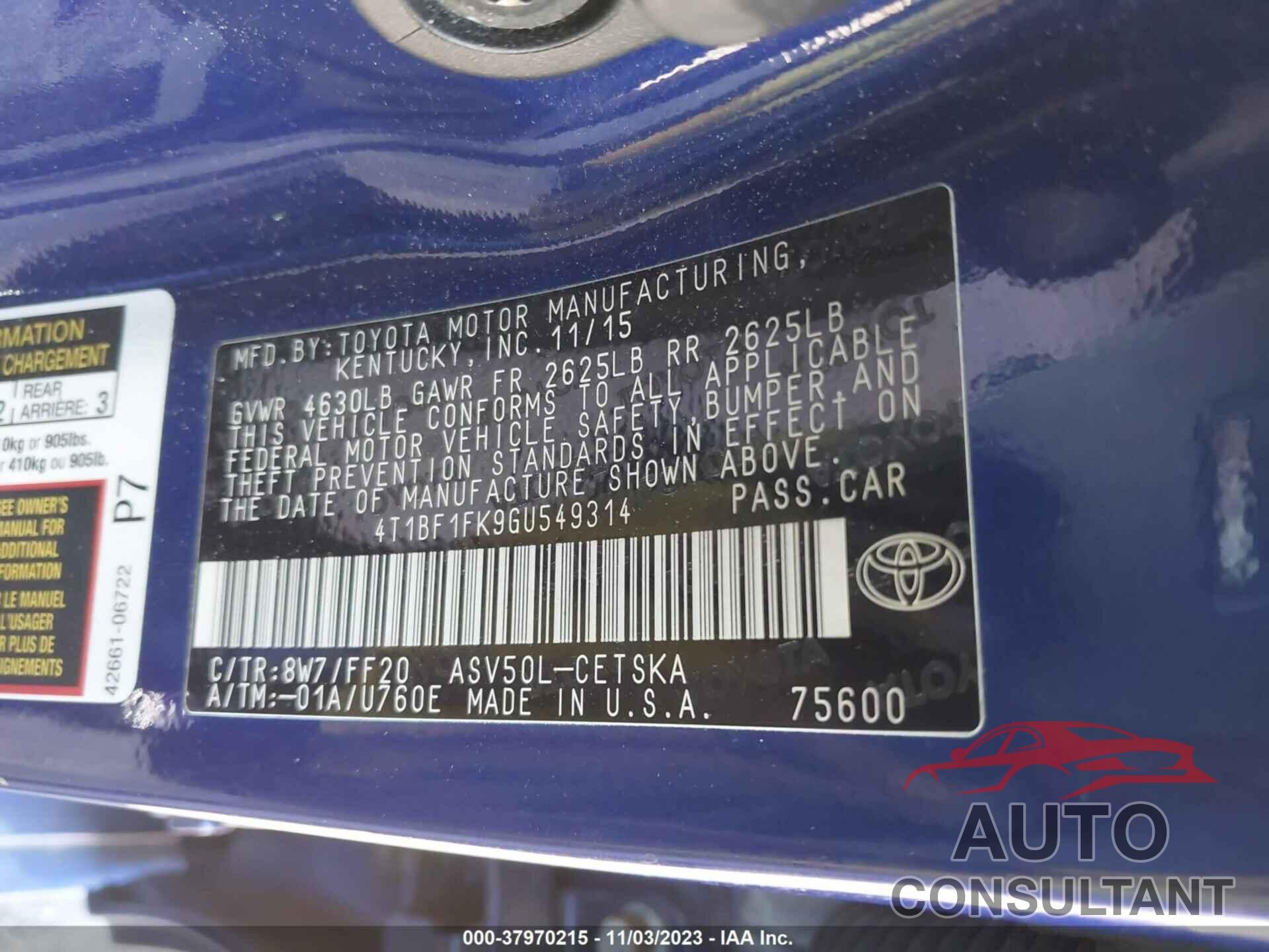 TOYOTA CAMRY 2016 - 4T1BF1FK9GU549314