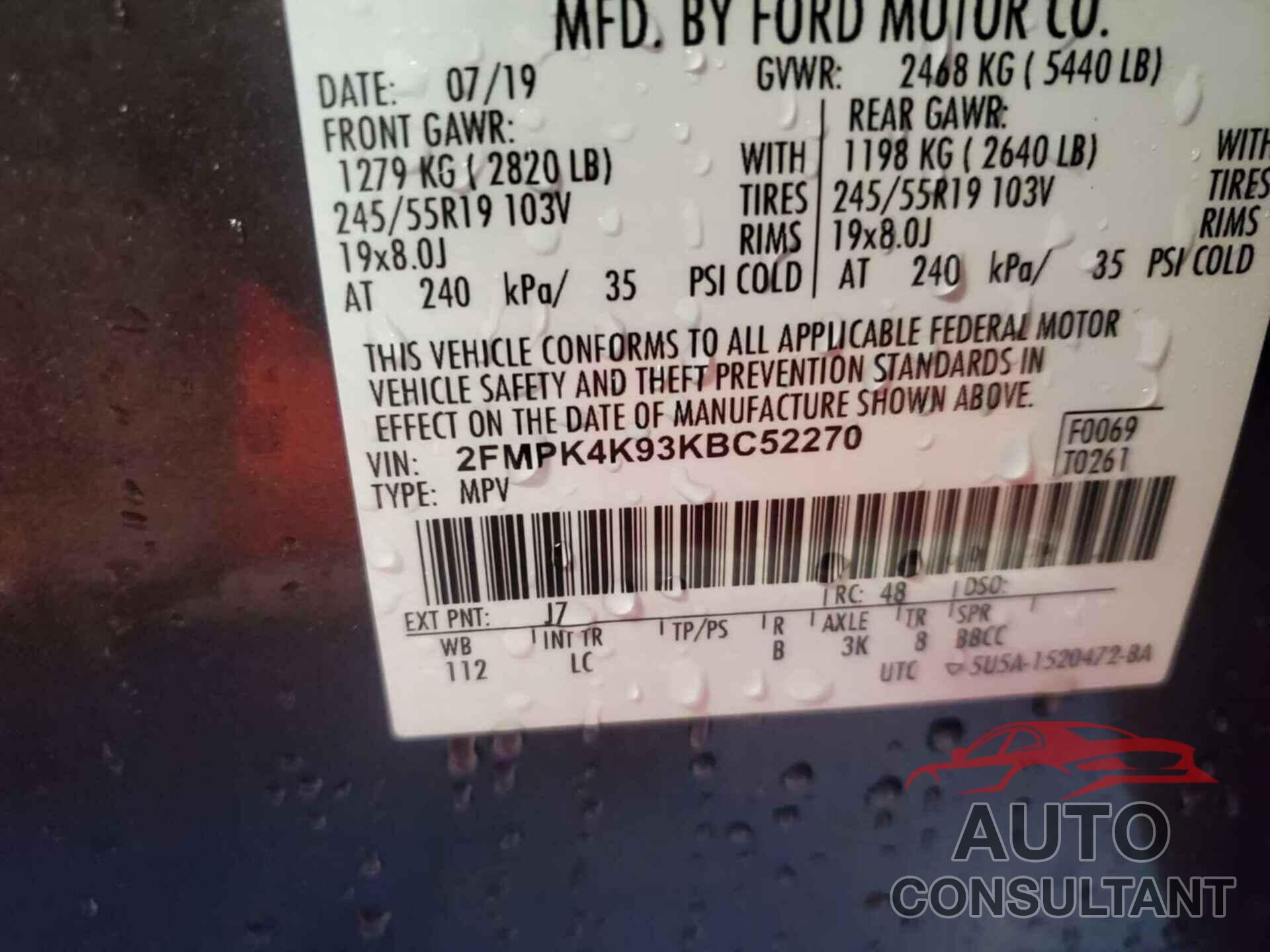 FORD EDGE 2019 - 2FMPK4K93KBC52270