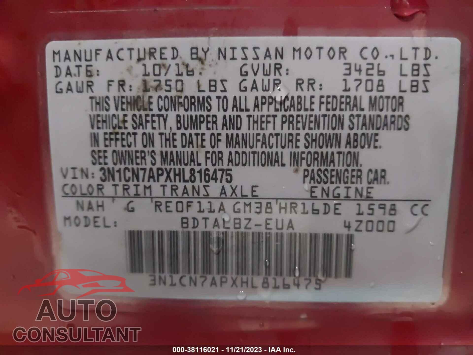 NISSAN VERSA 2017 - 3N1CN7APXHL816475