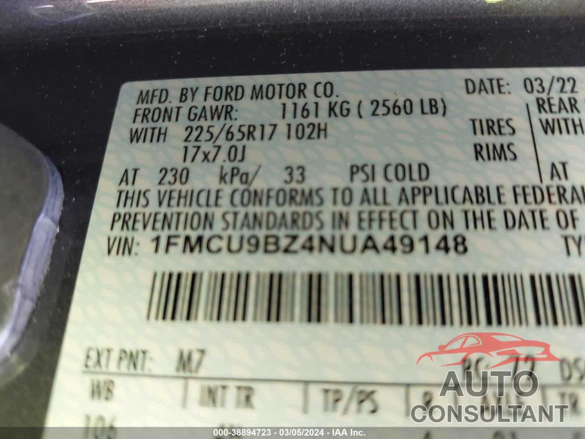 FORD ESCAPE 2022 - 1FMCU9BZ4NUA49148