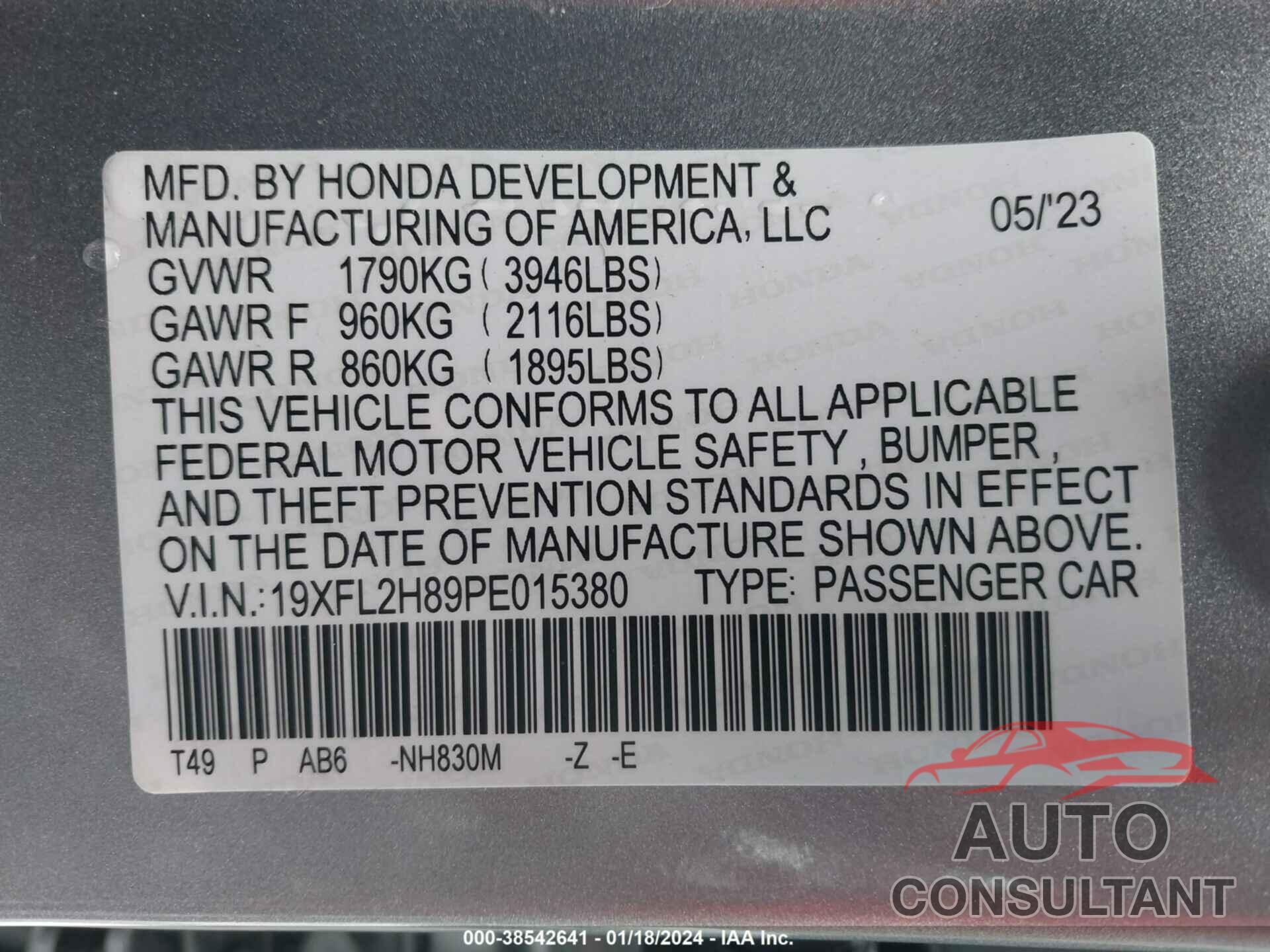 HONDA CIVIC 2023 - 19XFL2H89PE015380