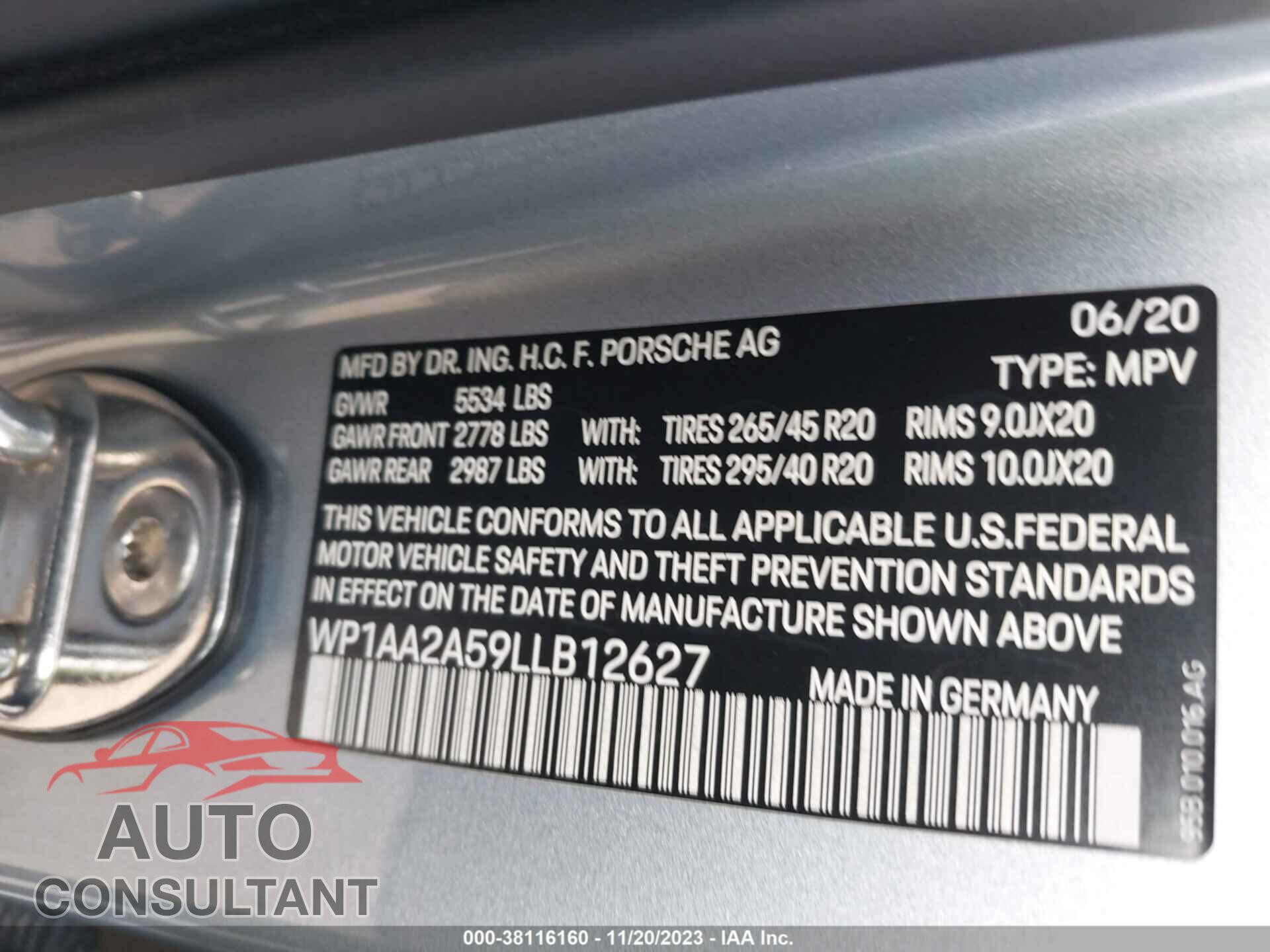 PORSCHE MACAN 2020 - WP1AA2A59LLB12627