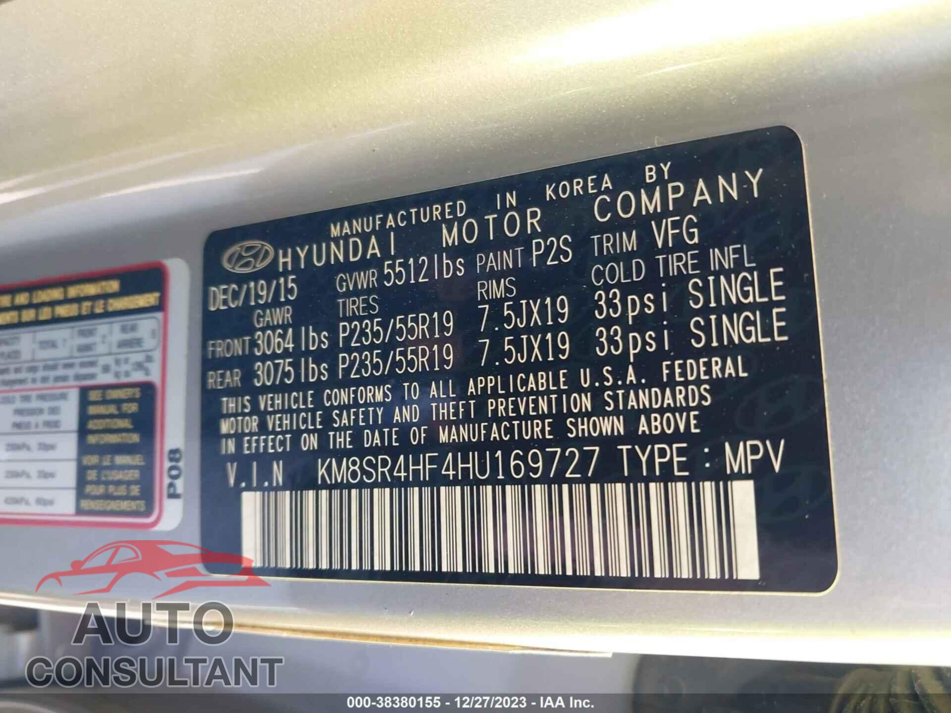 HYUNDAI SANTA FE 2017 - KM8SR4HF4HU169727