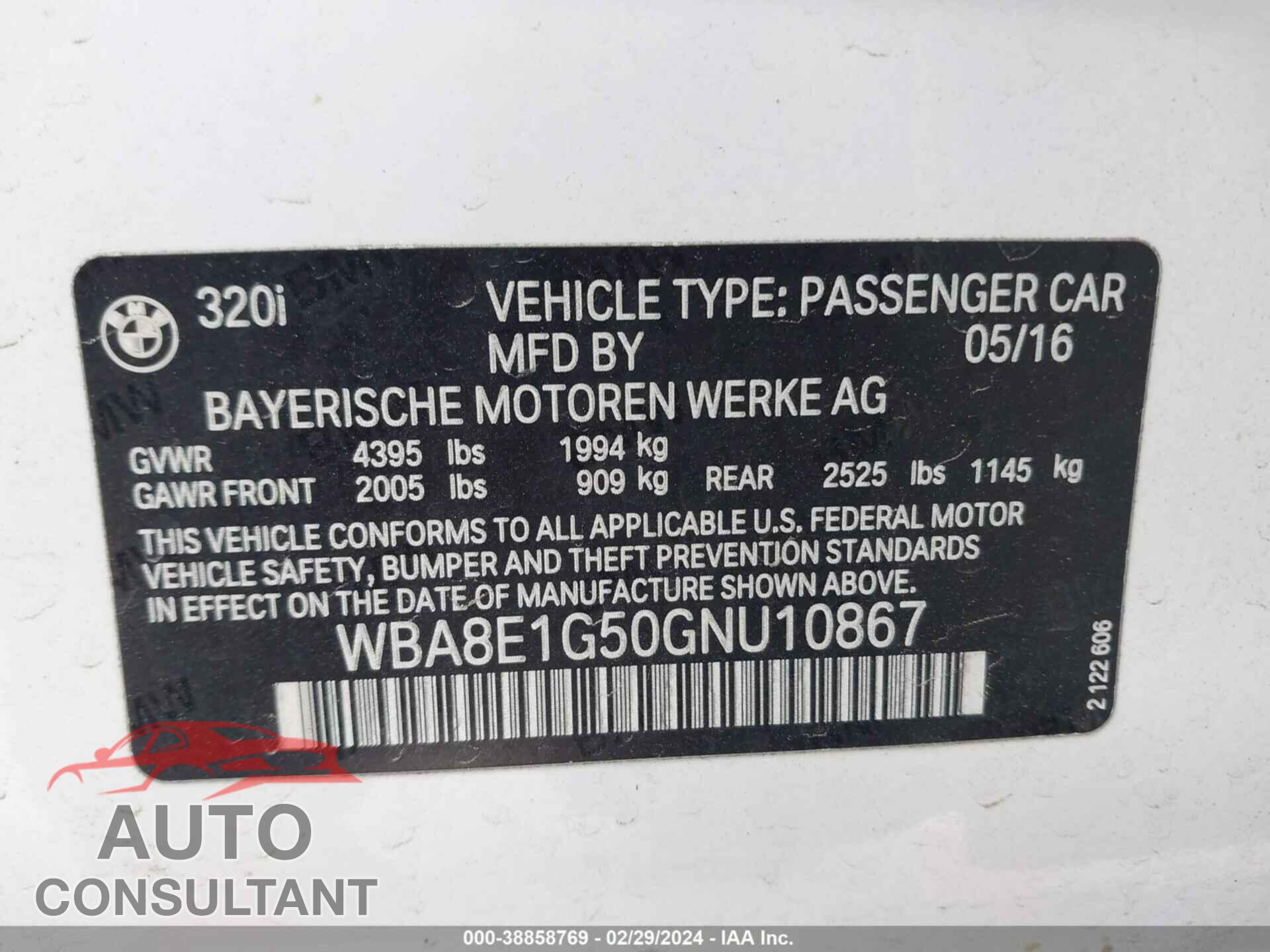 BMW 320I 2016 - WBA8E1G50GNU10867