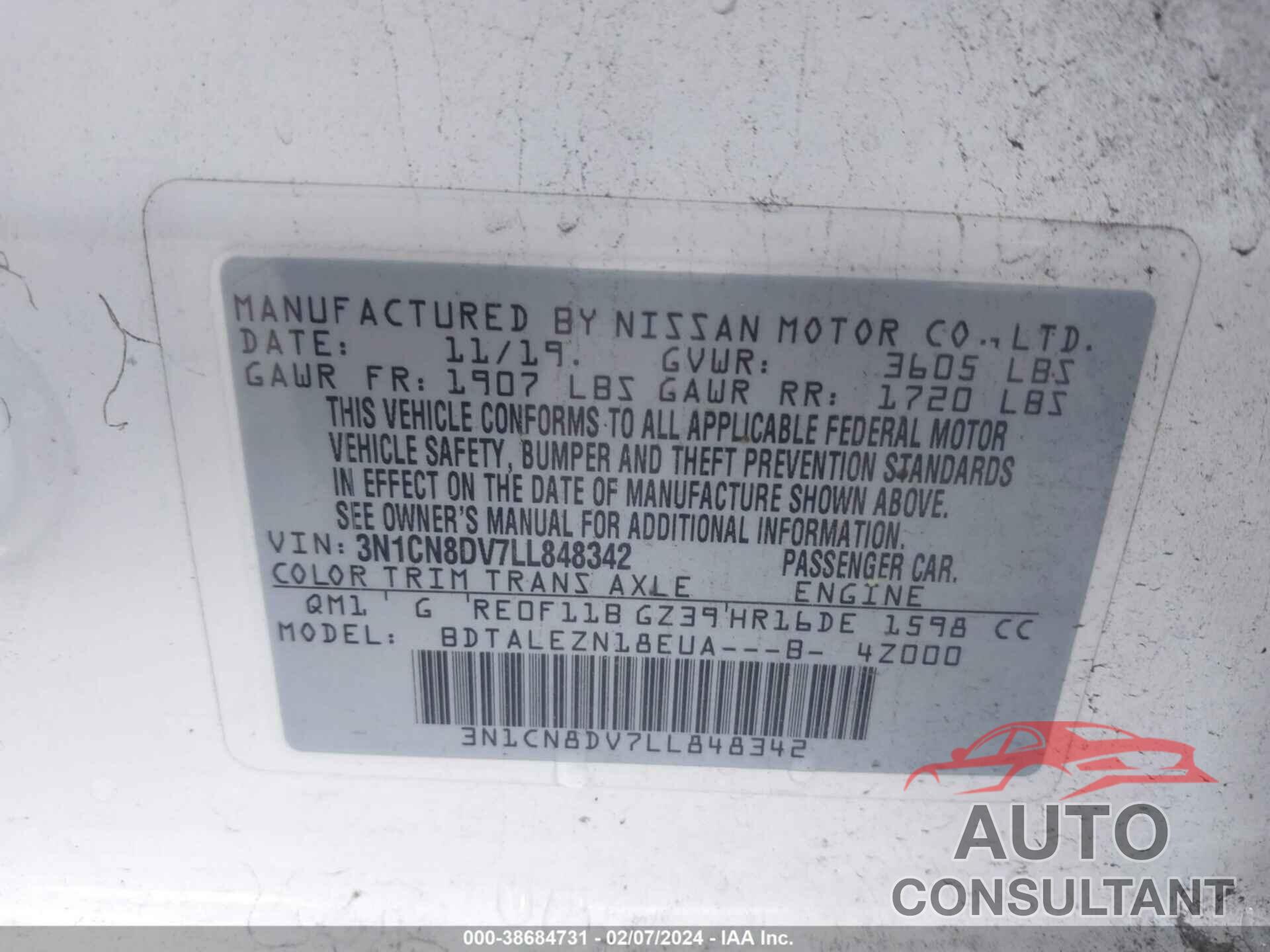 NISSAN VERSA 2020 - 3N1CN8DV7LL848342