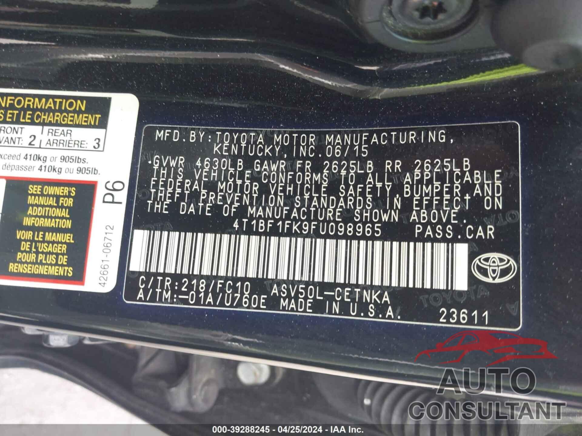 TOYOTA CAMRY 2015 - 4T1BF1FK9FU098965
