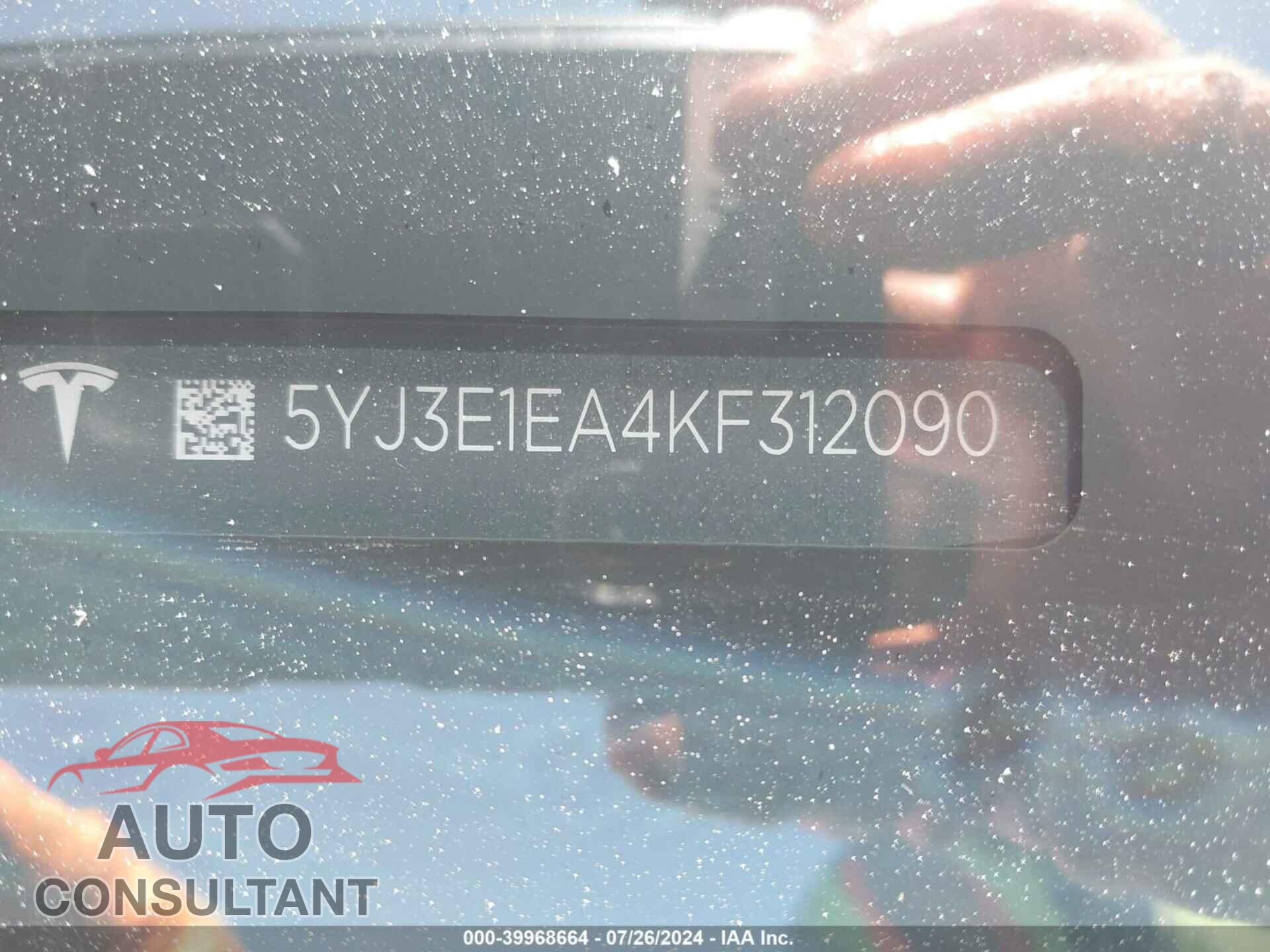 TESLA MODEL 3 2019 - 5YJ3E1EA4KF312090