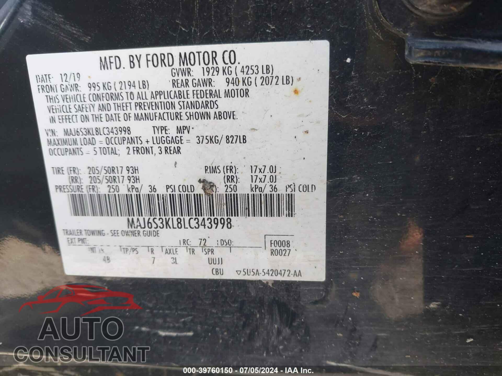FORD ECOSPORT 2020 - MAJ6S3KL8LC343998