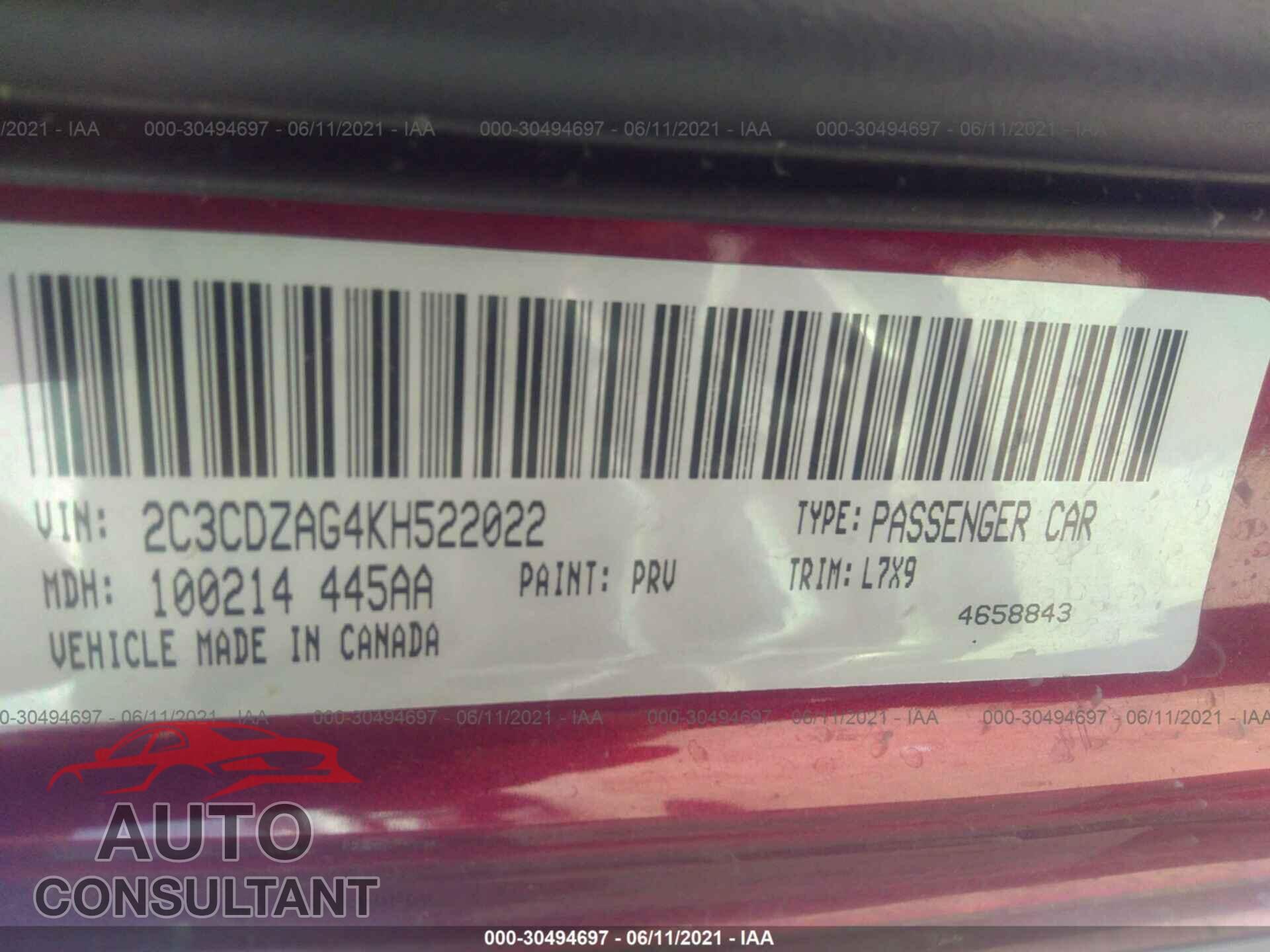 DODGE CHALLENGER 2019 - 2C3CDZAG4KH522022