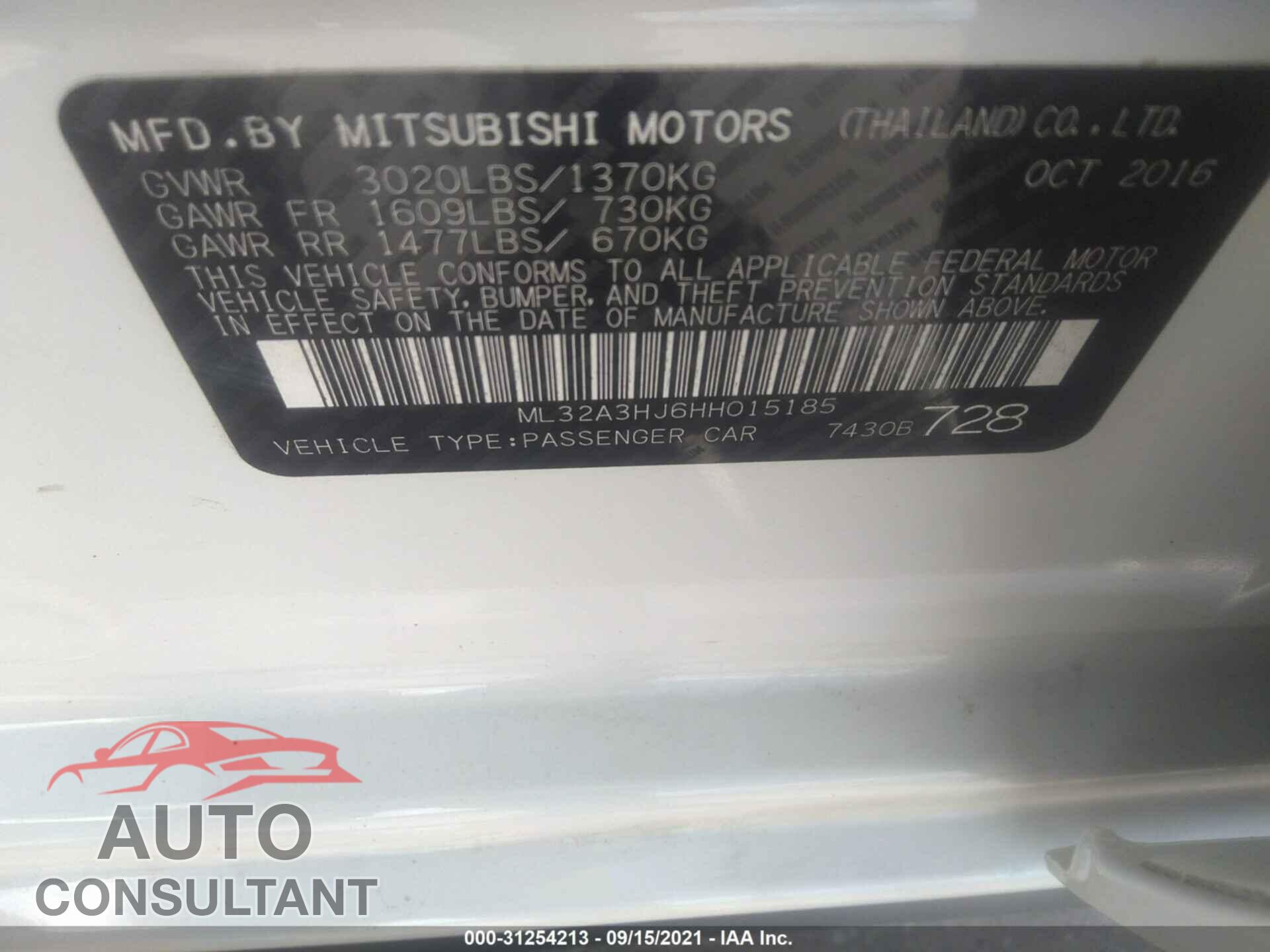 MITSUBISHI MIRAGE 2017 - ML32A3HJ6HH015185