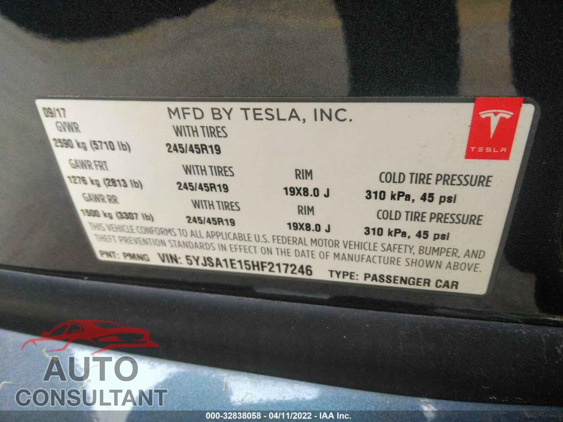 TESLA MODEL S 2017 - 5YJSA1E15HF217246