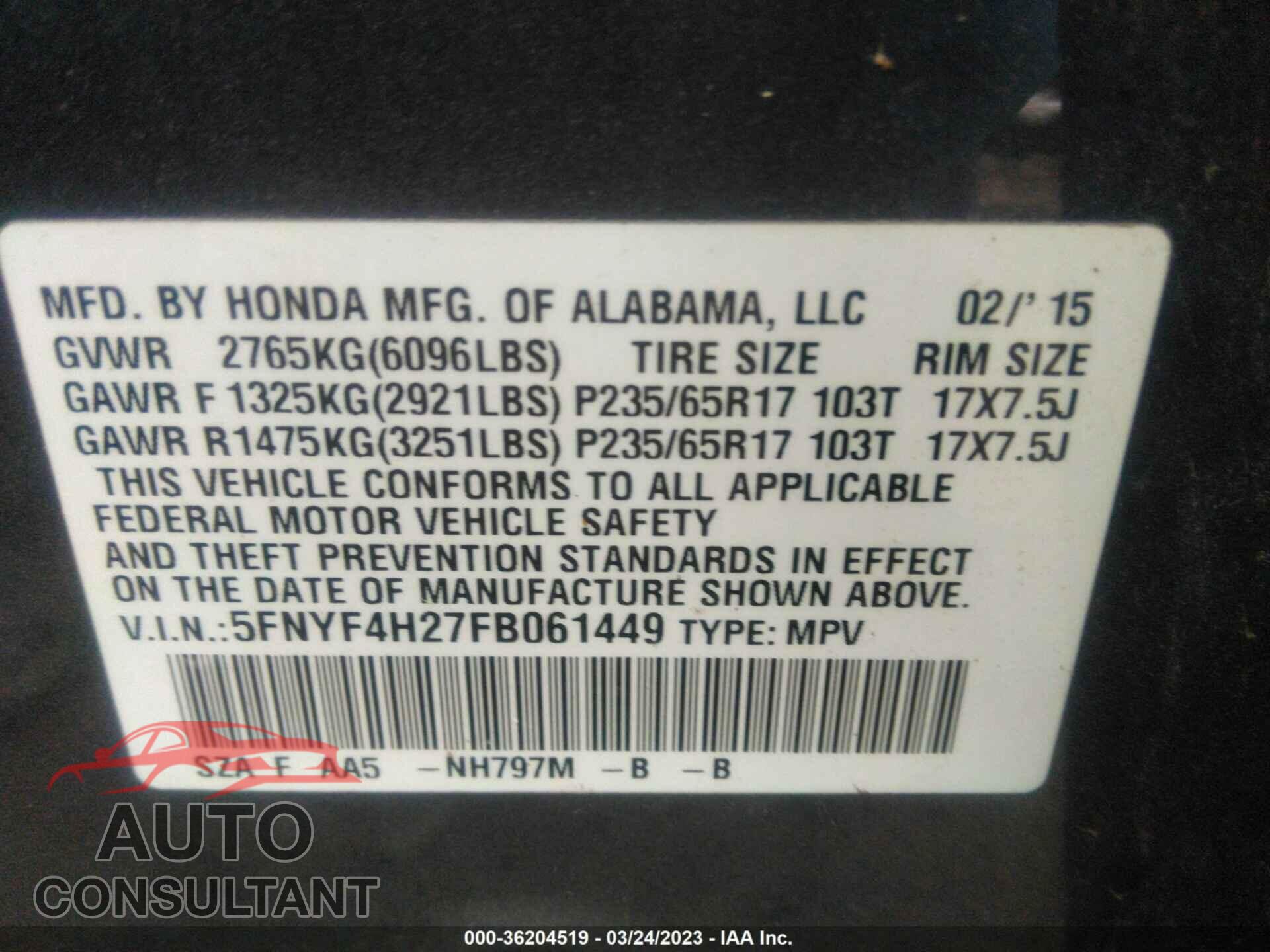 HONDA PILOT 2015 - 5FNYF4H27FB061449