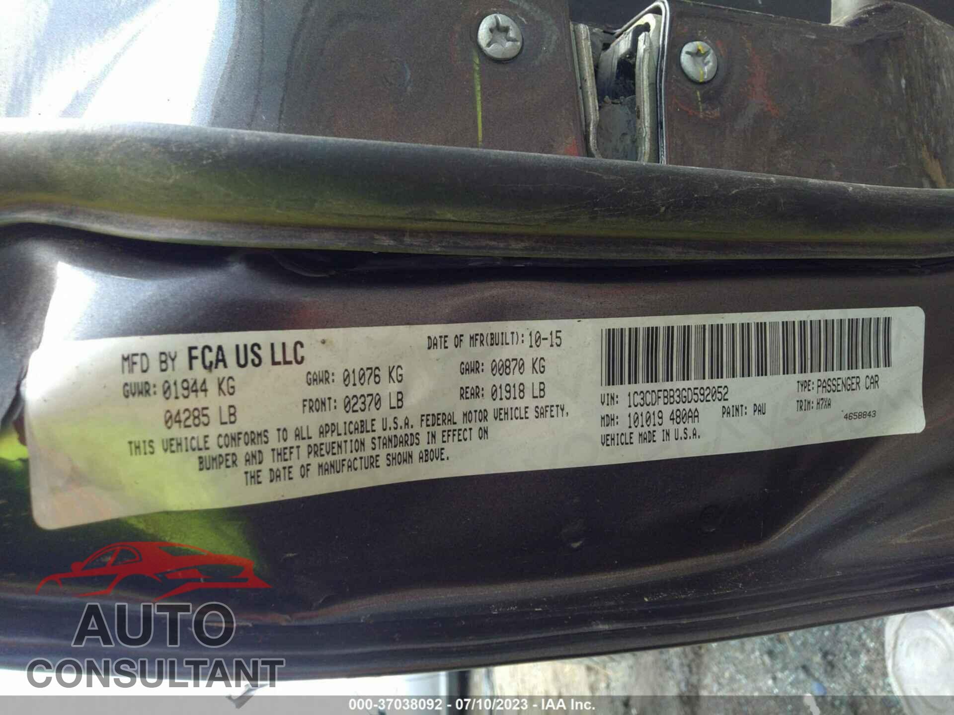 DODGE DART 2016 - 1C3CDFBB3GD592052