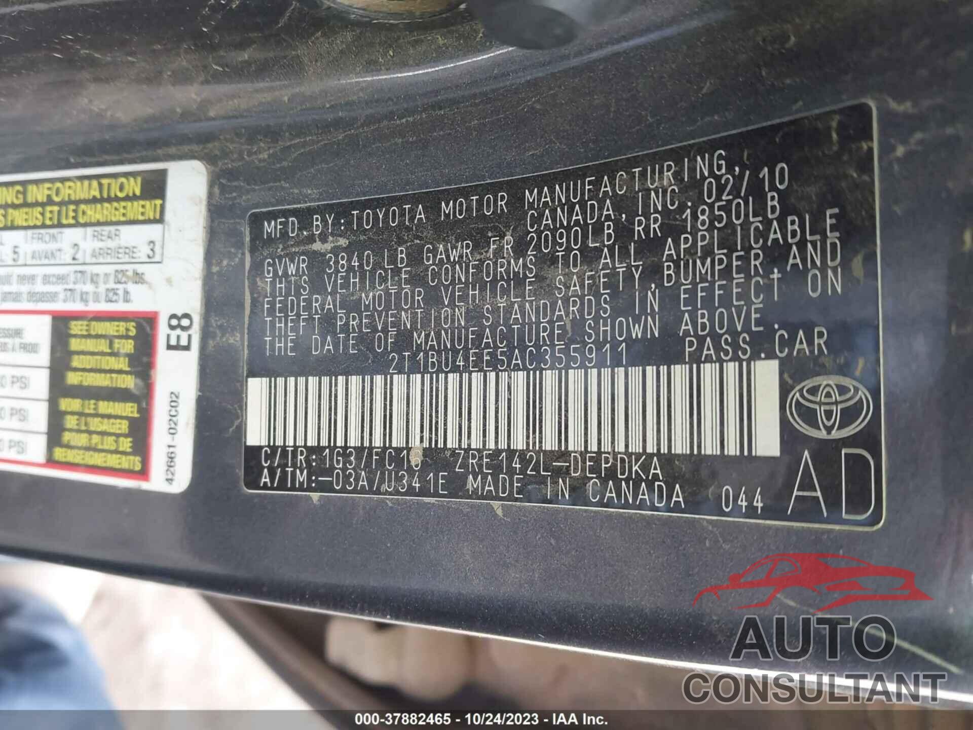 TOYOTA COROLLA 2010 - 2T1BU4EE5AC355911