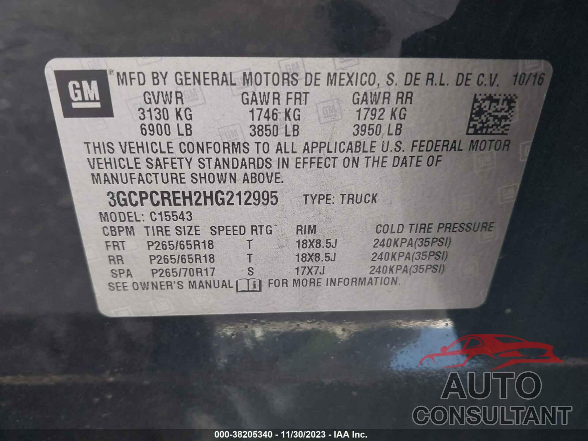 CHEVROLET SILVERADO 2017 - 3GCPCREH2HG212995