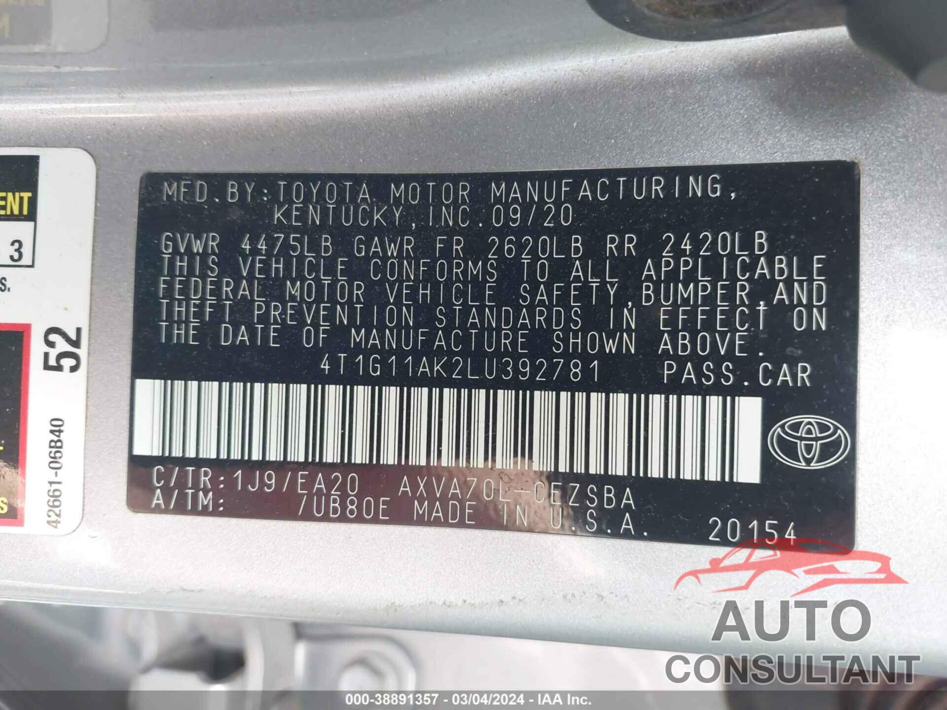 TOYOTA CAMRY 2020 - 4T1G11AK2LU392781