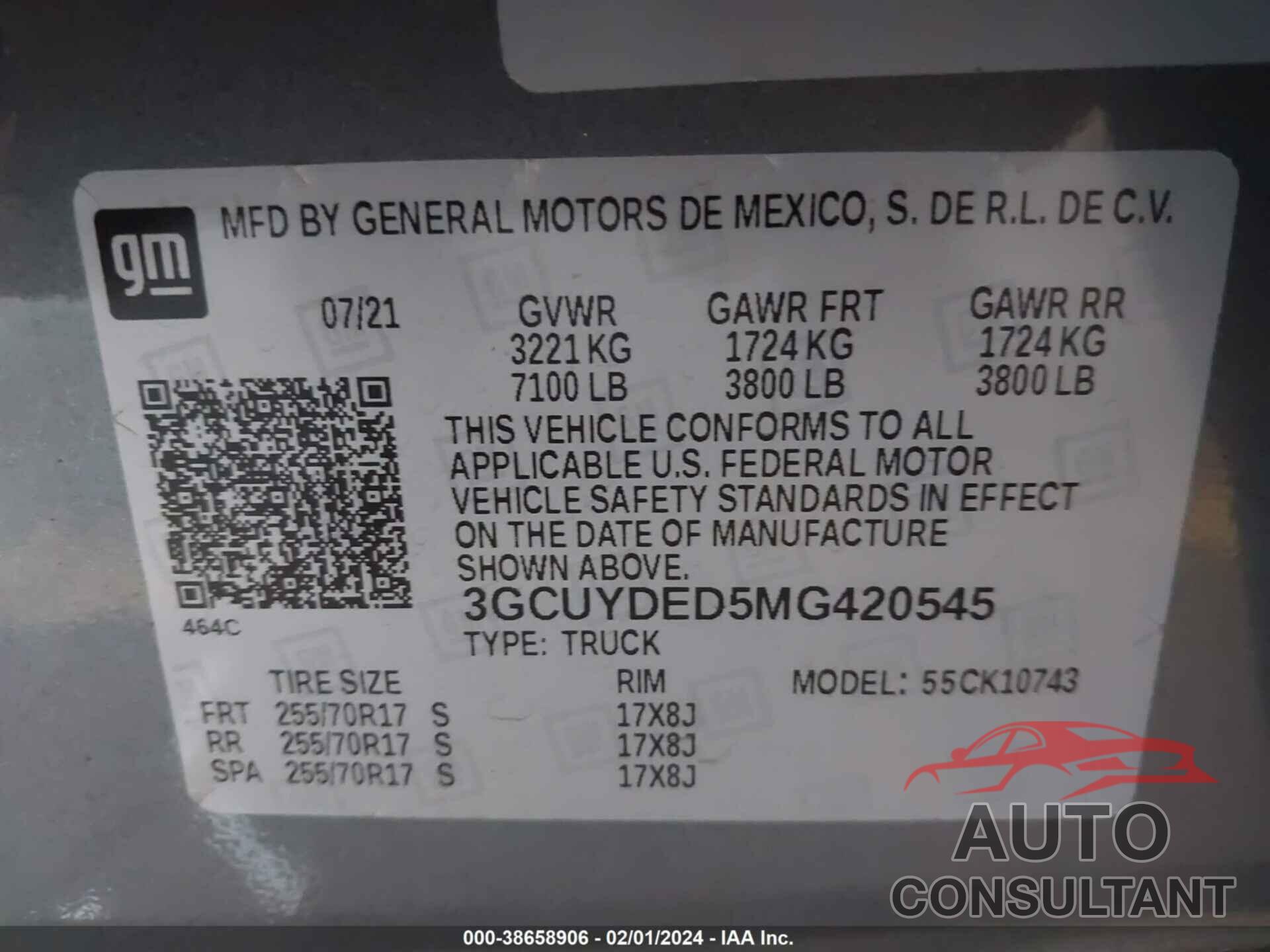 CHEVROLET SILVERADO 1500 2021 - 3GCUYDED5MG420545