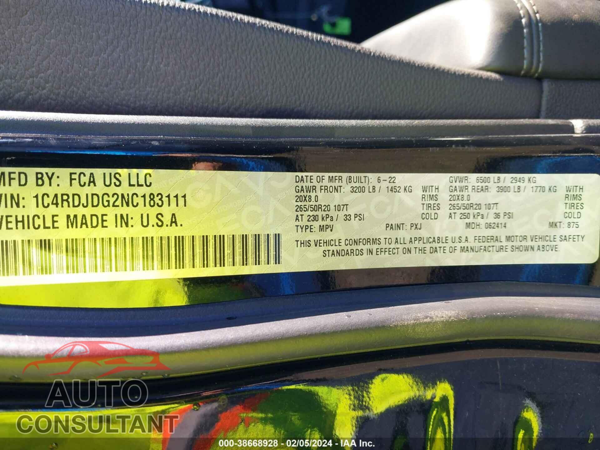 DODGE DURANGO 2022 - 1C4RDJDG2NC183111