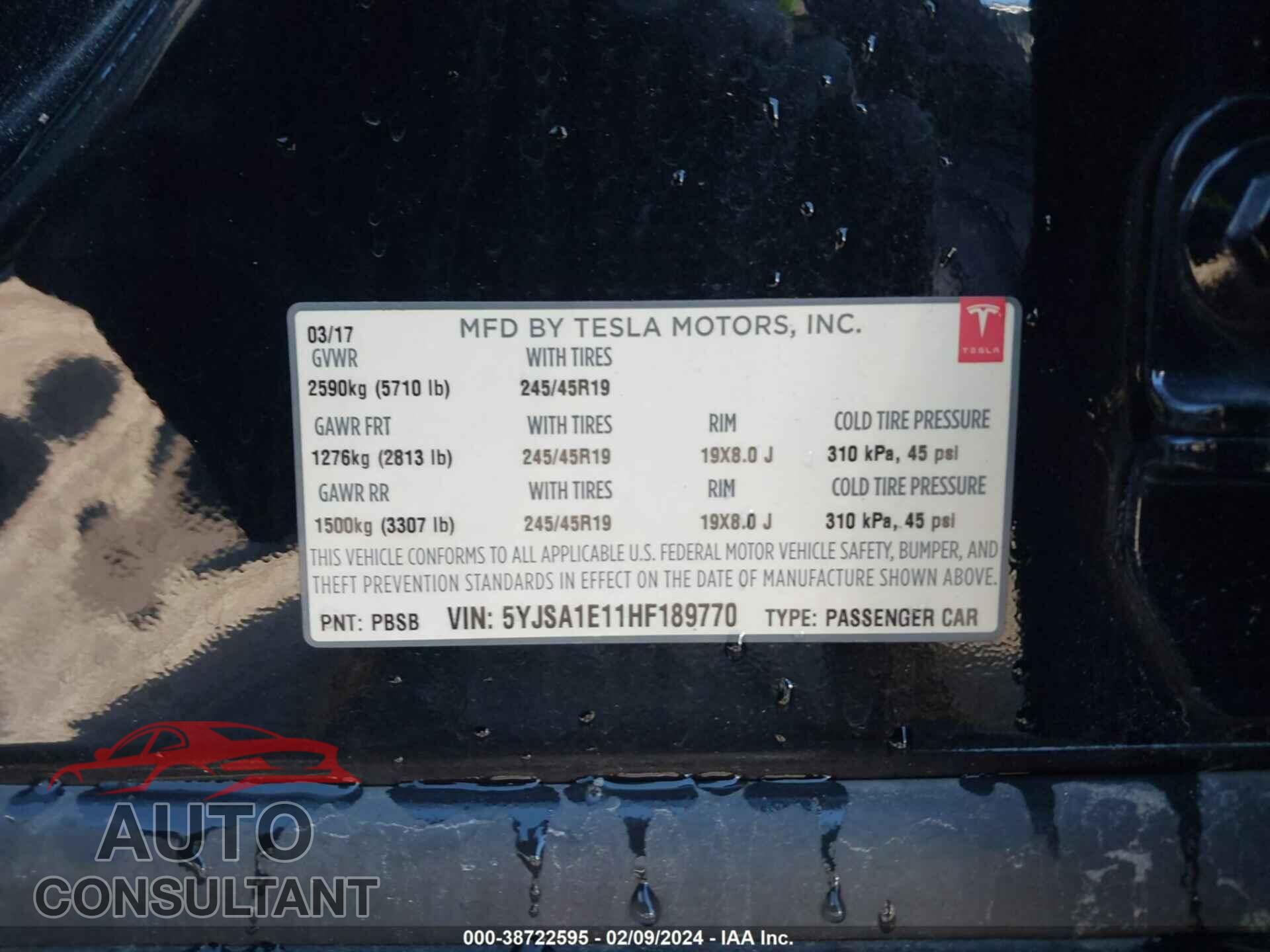 TESLA MODEL S 2017 - 5YJSA1E11HF189770