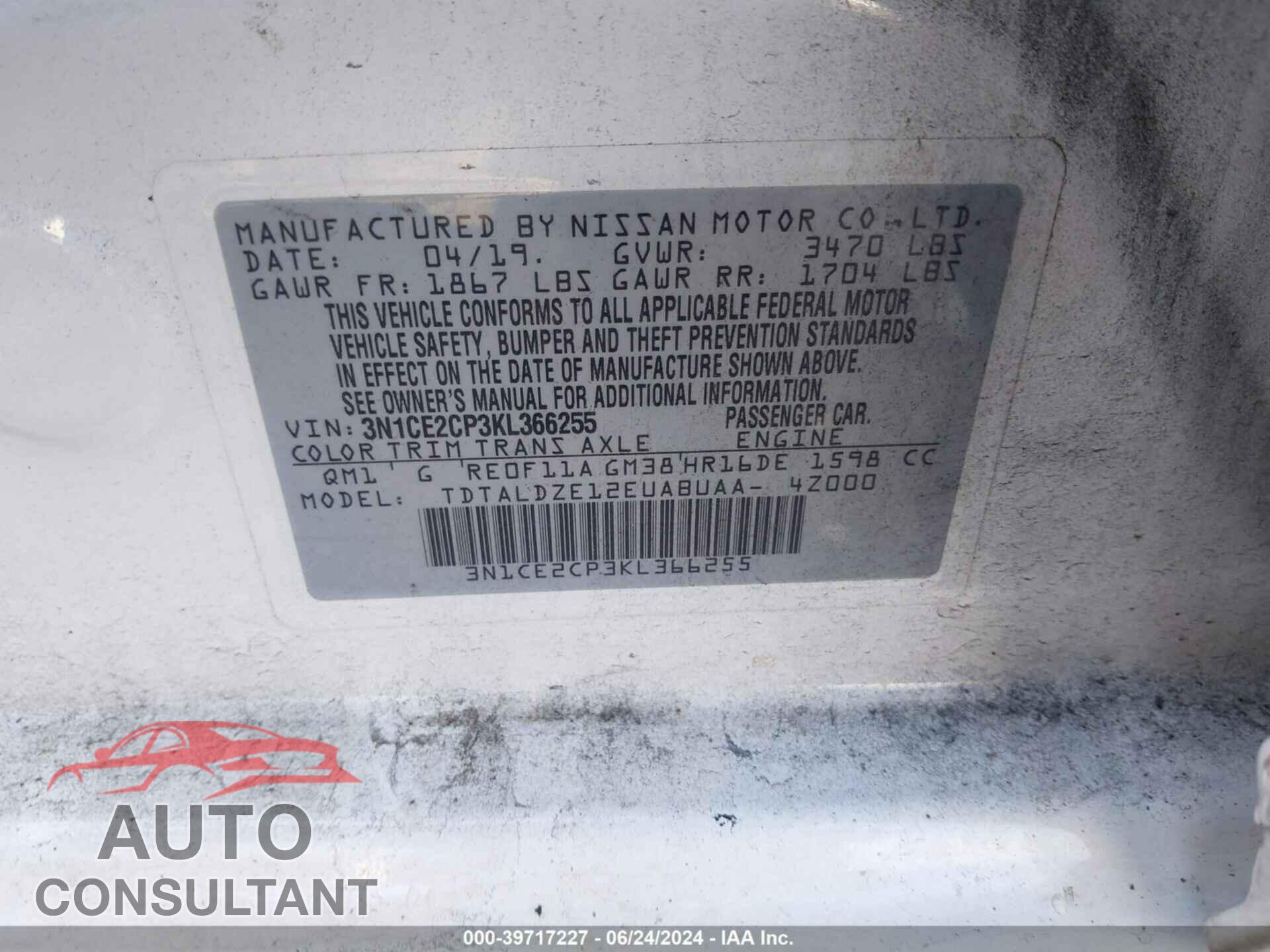 NISSAN VERSA NOTE 2019 - 3N1CE2CP3KL366255