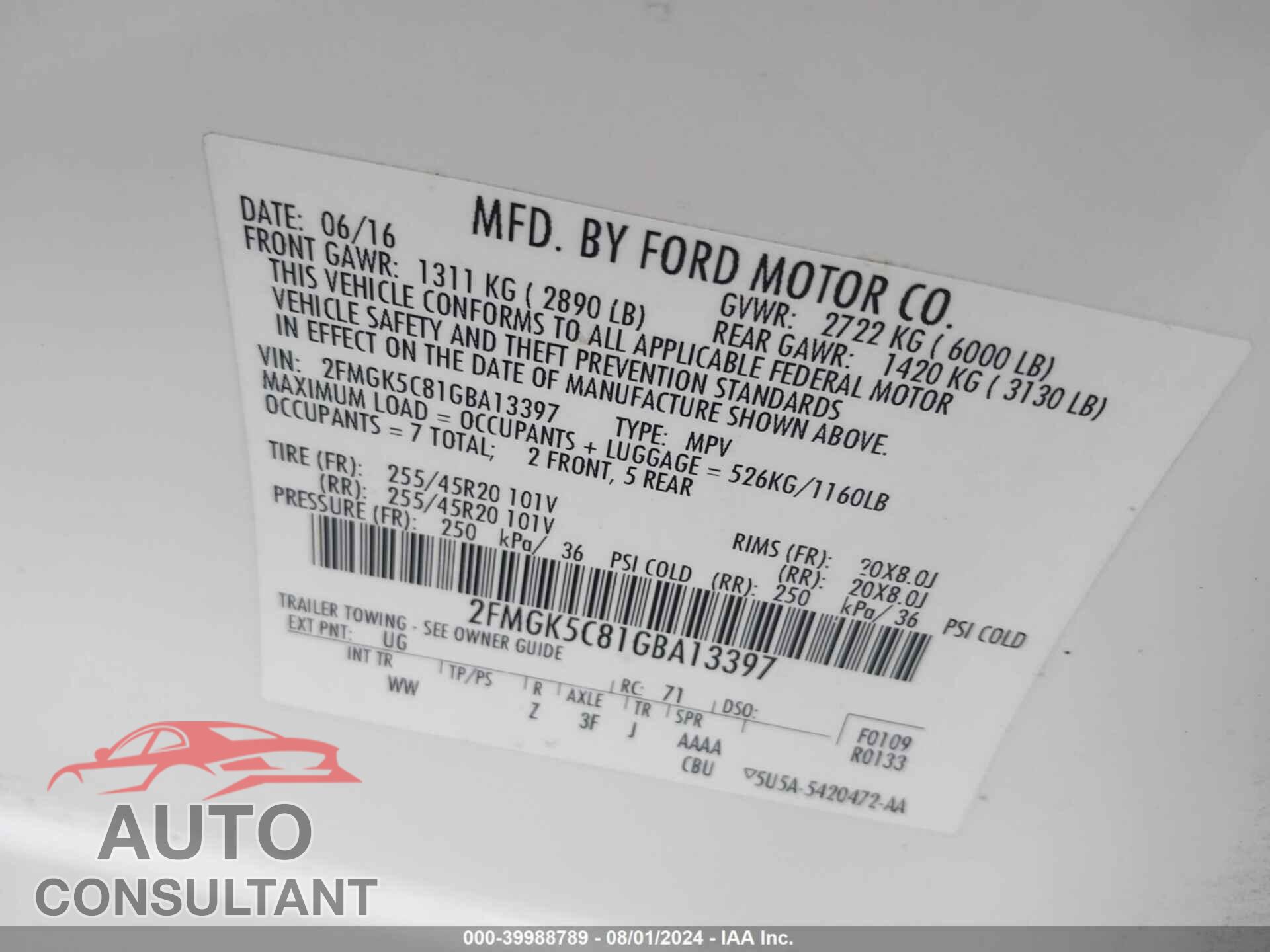 FORD FLEX 2016 - 2FMGK5C81GBA13397