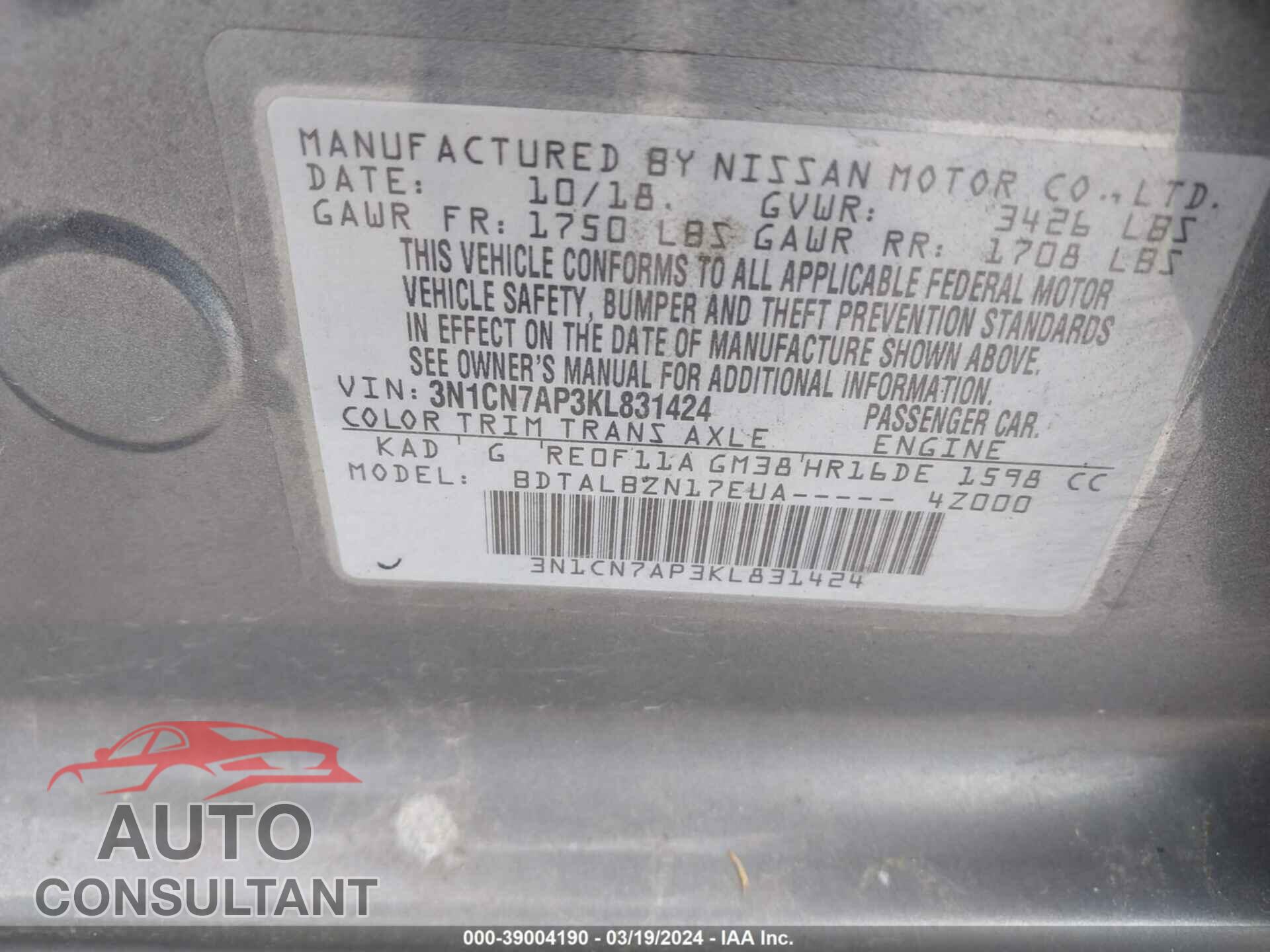 NISSAN VERSA 2019 - 3N1CN7AP3KL831424