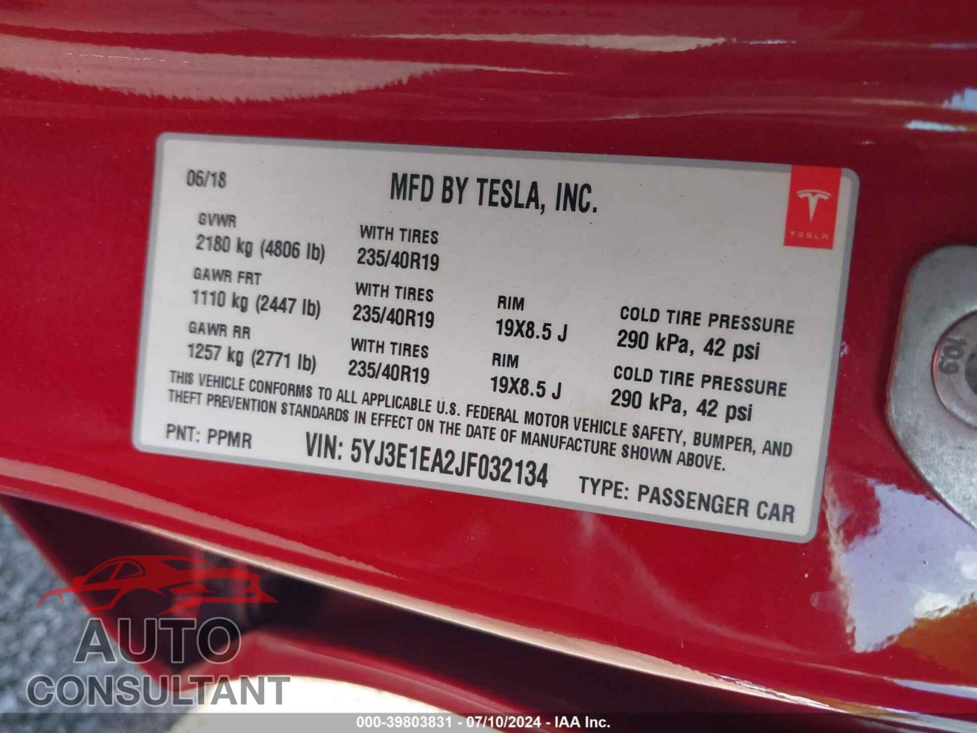 TESLA MODEL 3 2018 - 5YJ3E1EA2JF032134