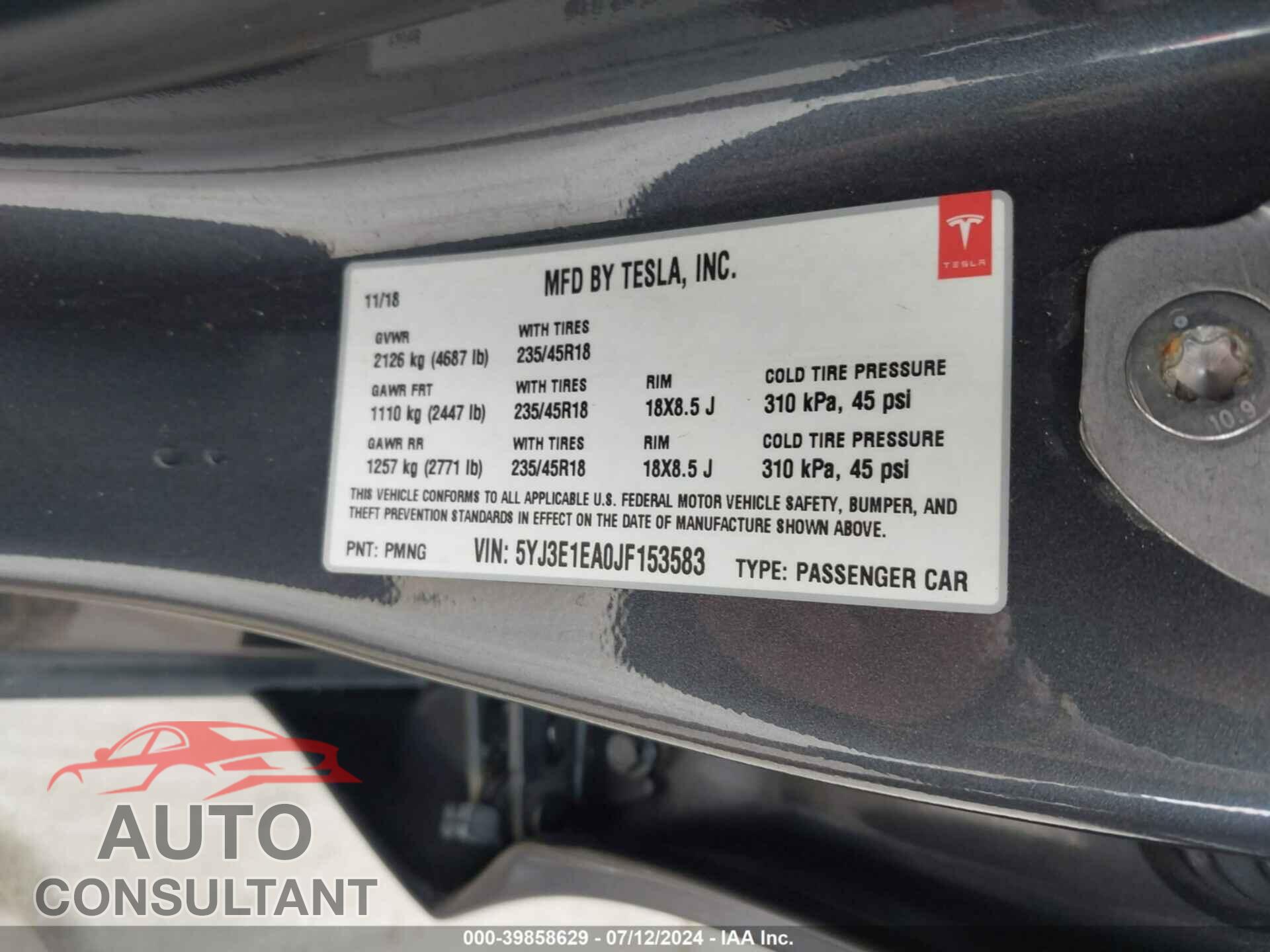 TESLA MODEL 3 2018 - 5YJ3E1EA0JF153583