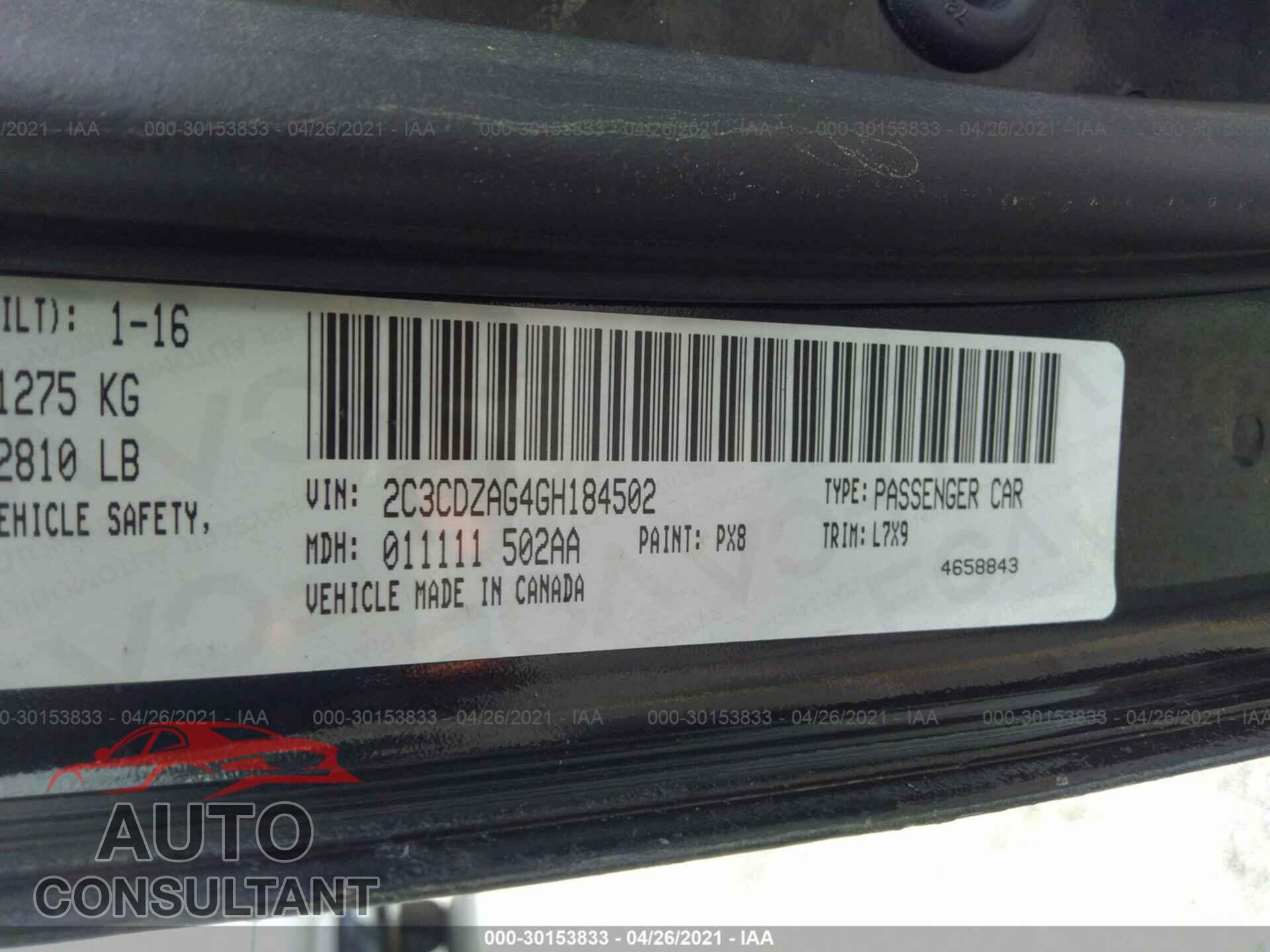 DODGE CHALLENGER 2016 - 2C3CDZAG4GH184502