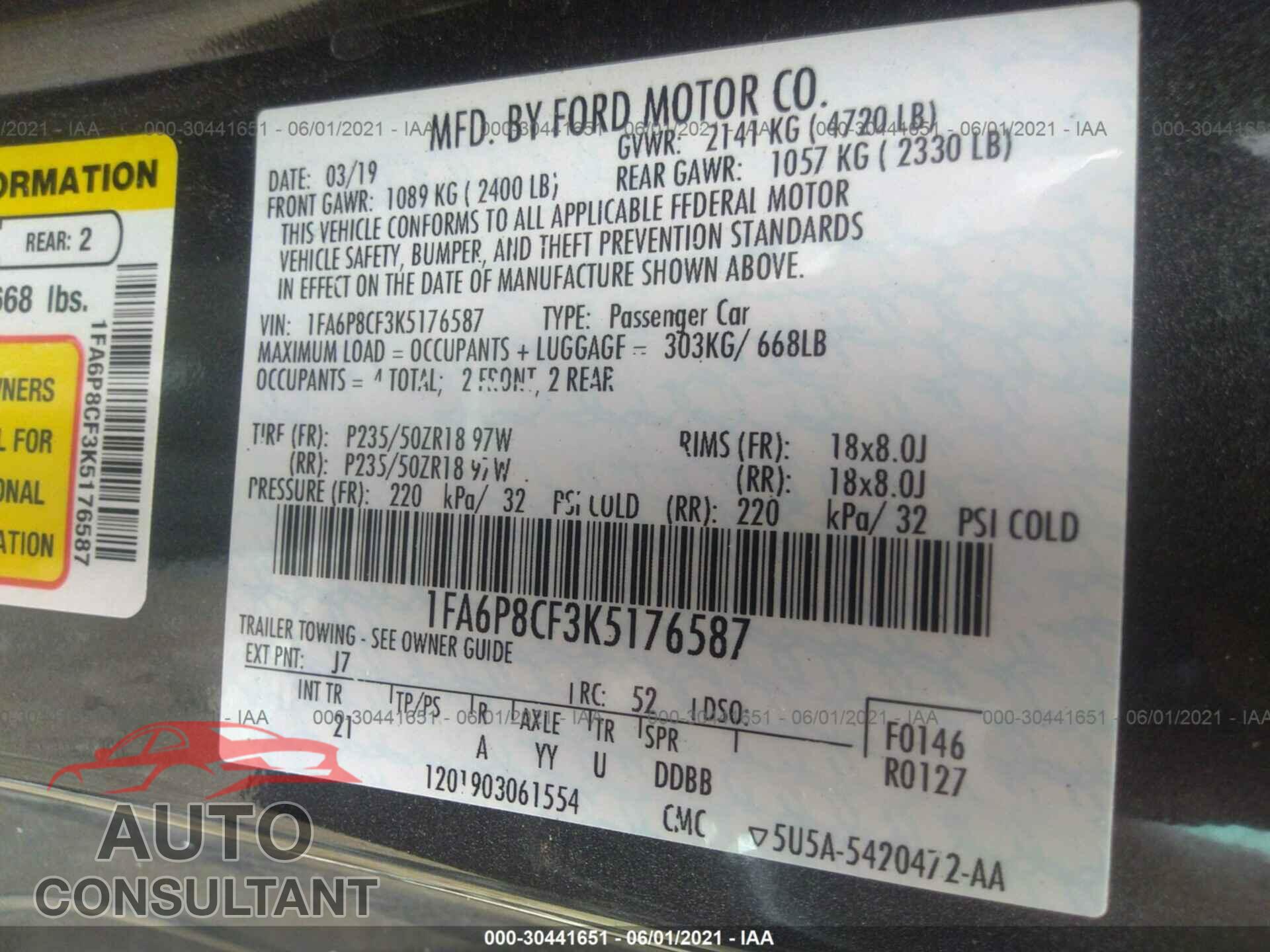 FORD MUSTANG 2019 - 1FA6P8CF3K5176587