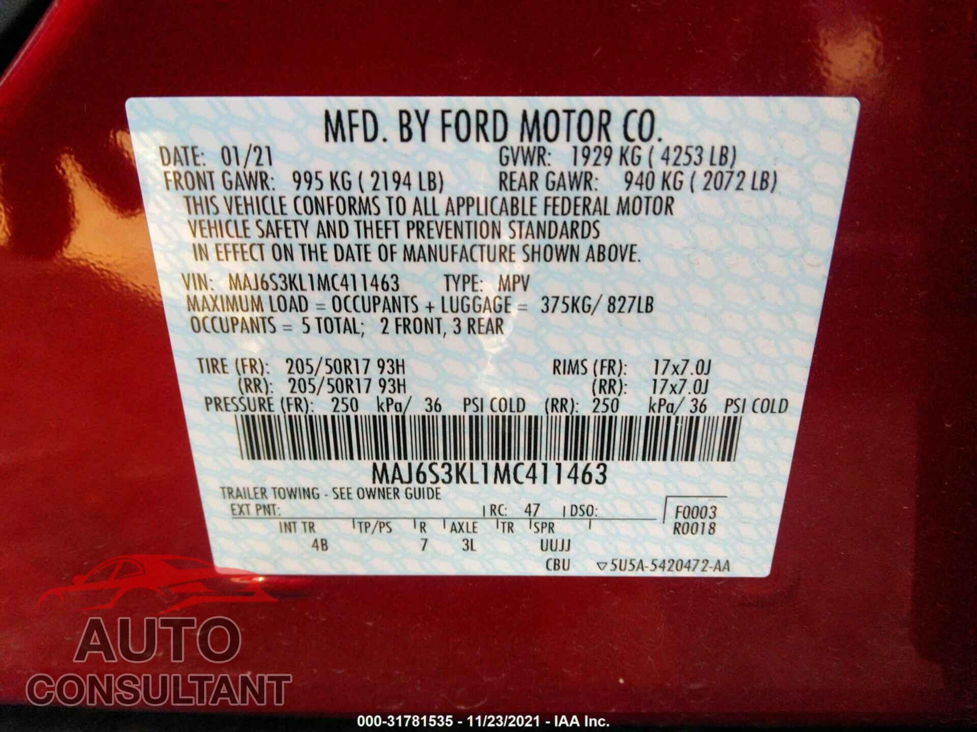 FORD ECOSPORT 2021 - MAJ6S3KL1MC411463