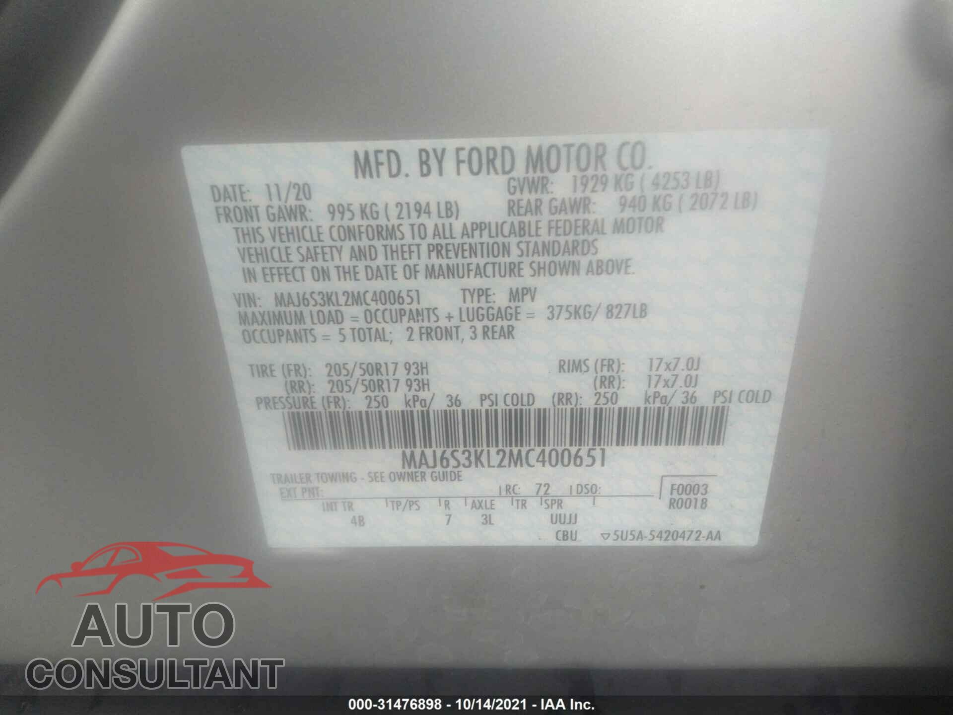 FORD ECOSPORT 2021 - MAJ6S3KL2MC400651