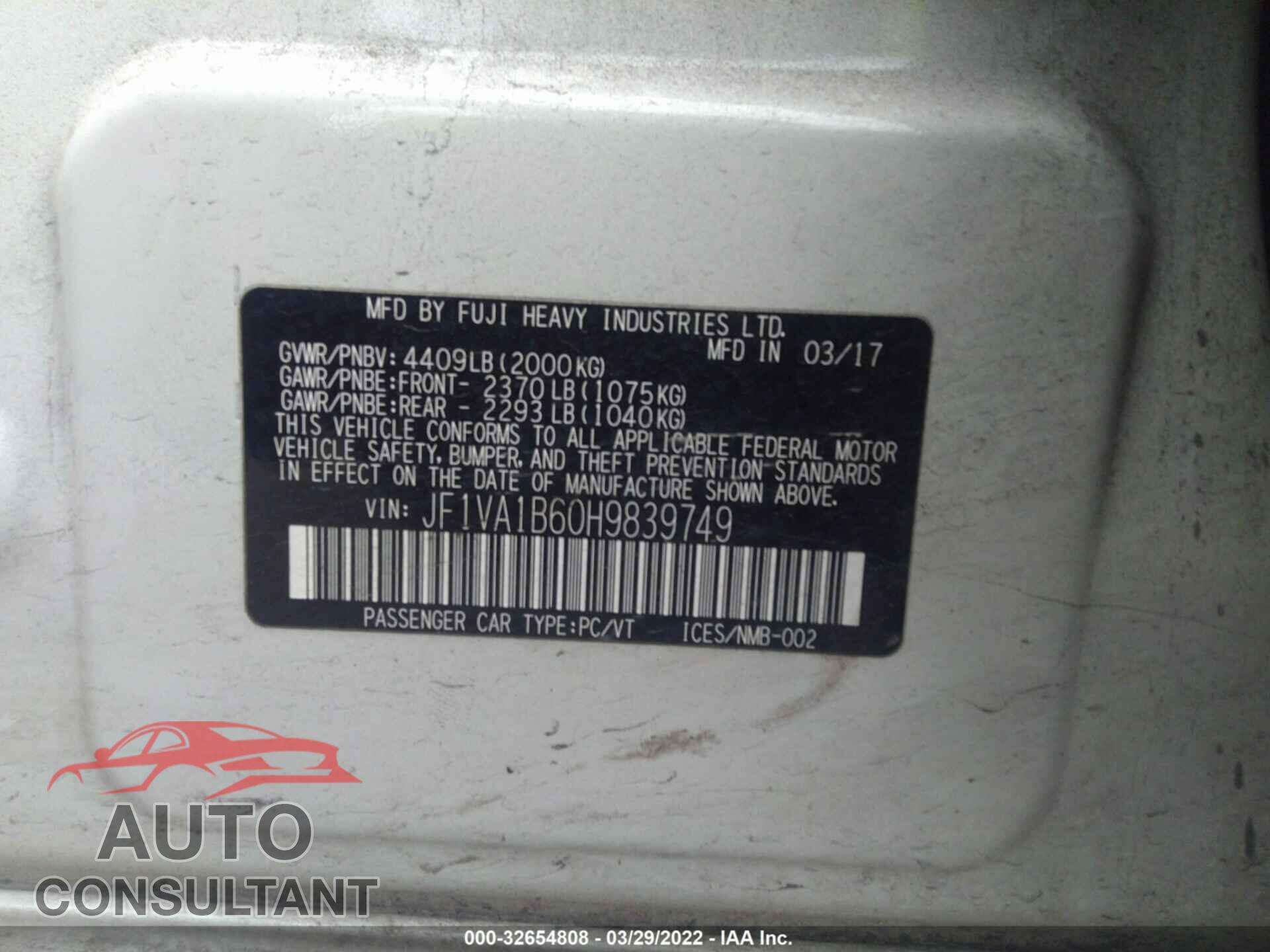 SUBARU WRX 2017 - JF1VA1B60H9839749