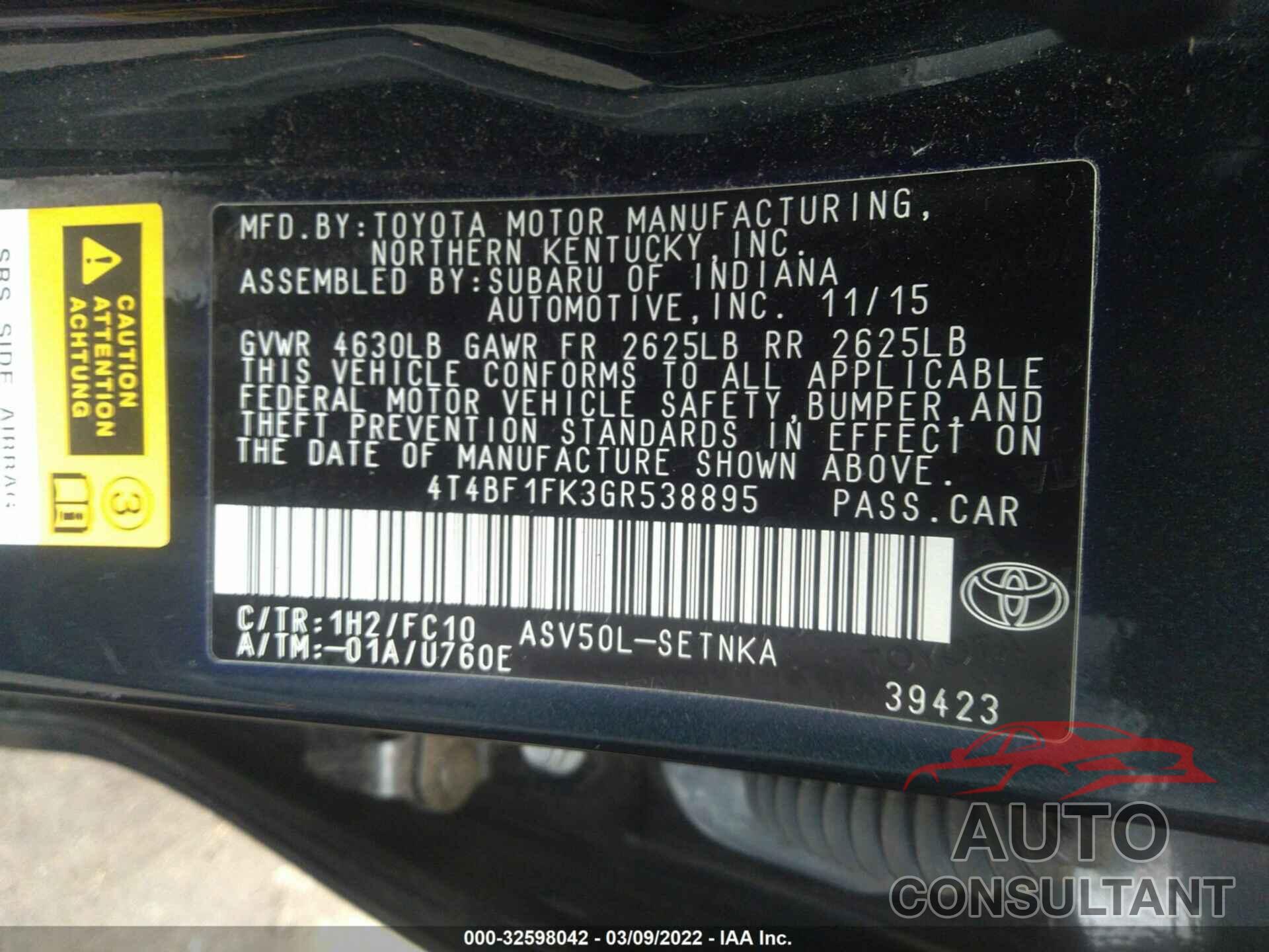 TOYOTA CAMRY 2016 - 4T4BF1FK3GR538895