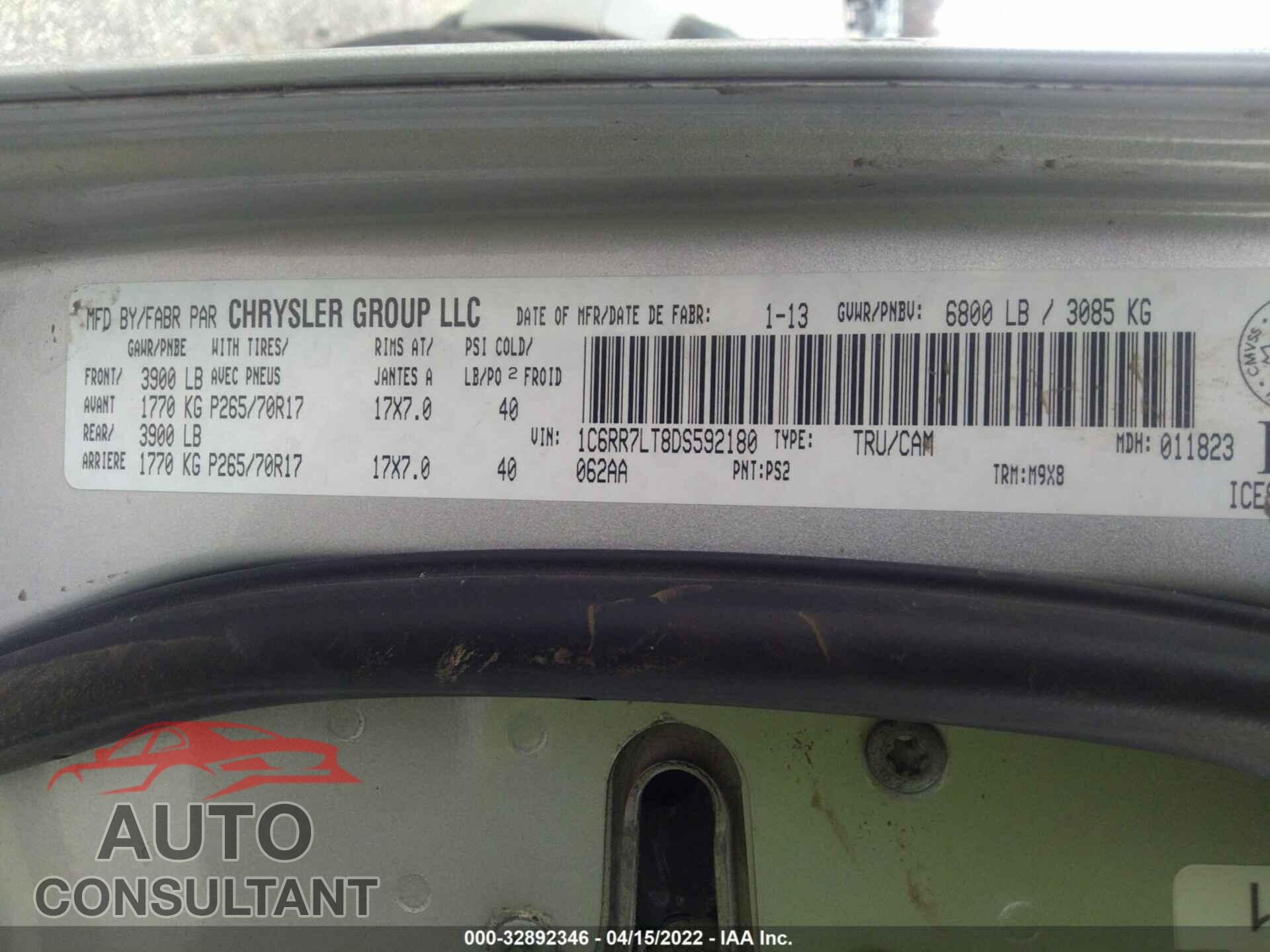 RAM 1500 2013 - 1C6RR7LT8DS592180