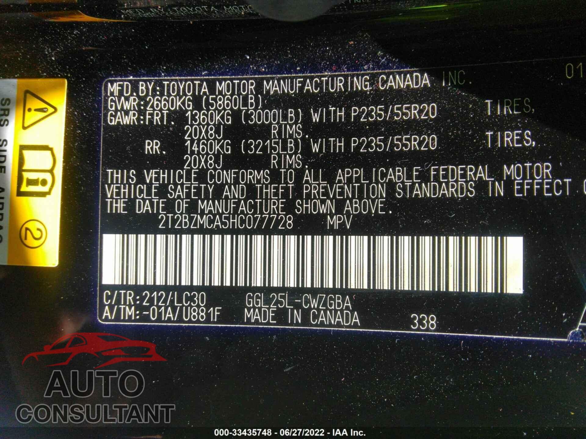 LEXUS RX 2017 - 2T2BZMCA5HC077728