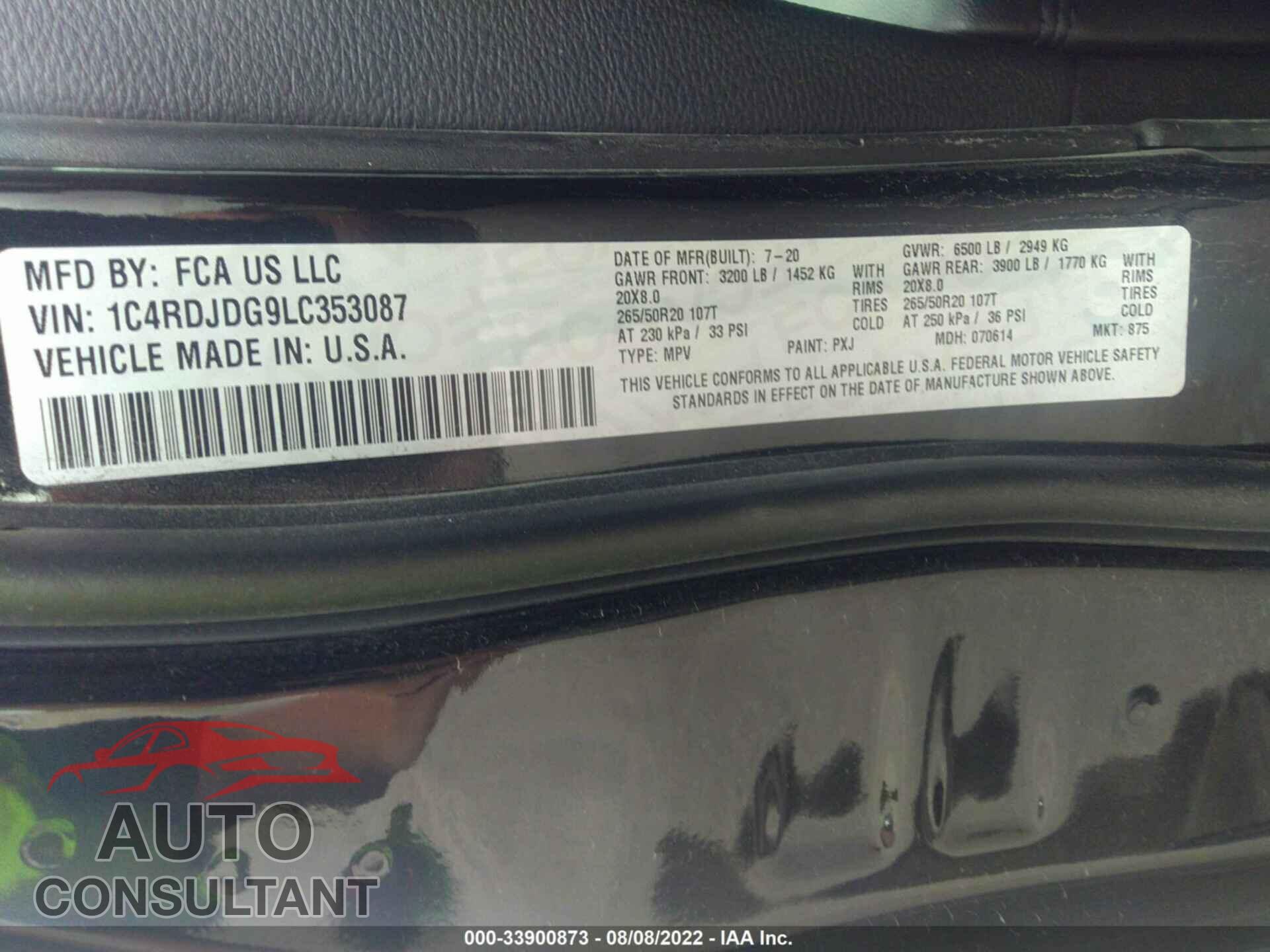 DODGE DURANGO 2020 - 1C4RDJDG9LC353087