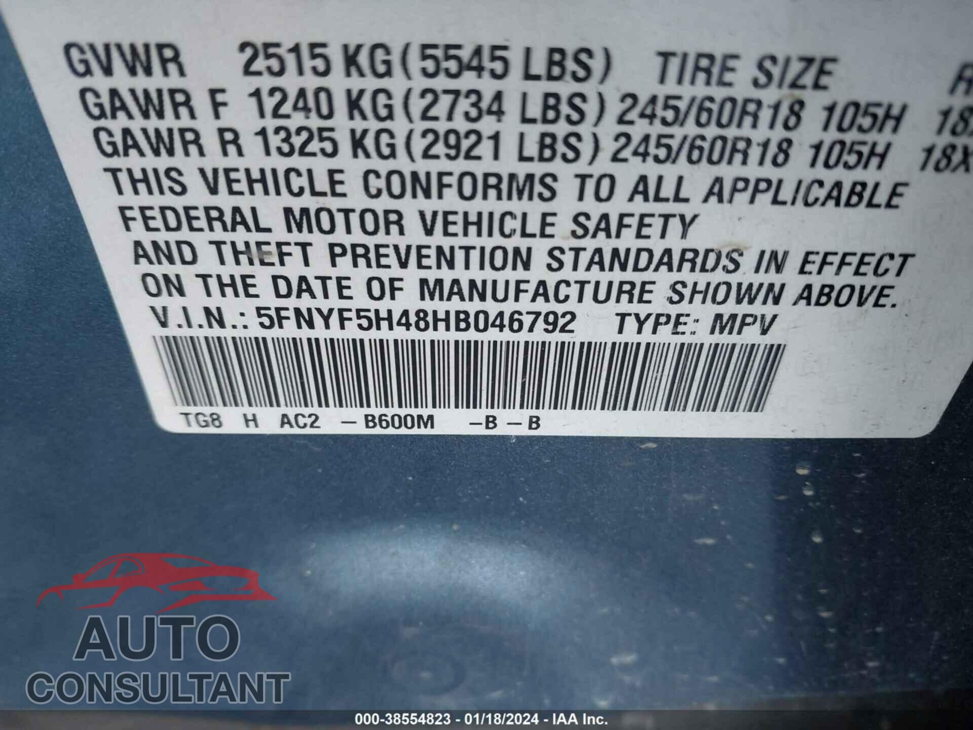 HONDA PILOT 2017 - 5FNYF5H48HB046792