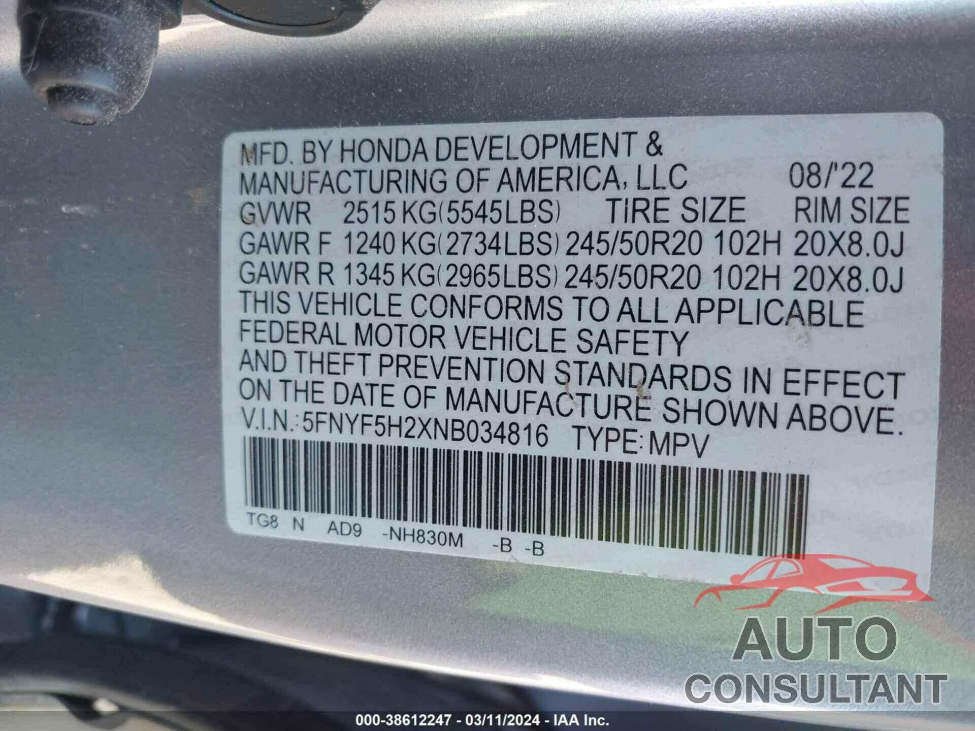 HONDA PILOT 2022 - 5FNYF5H2XNB034816