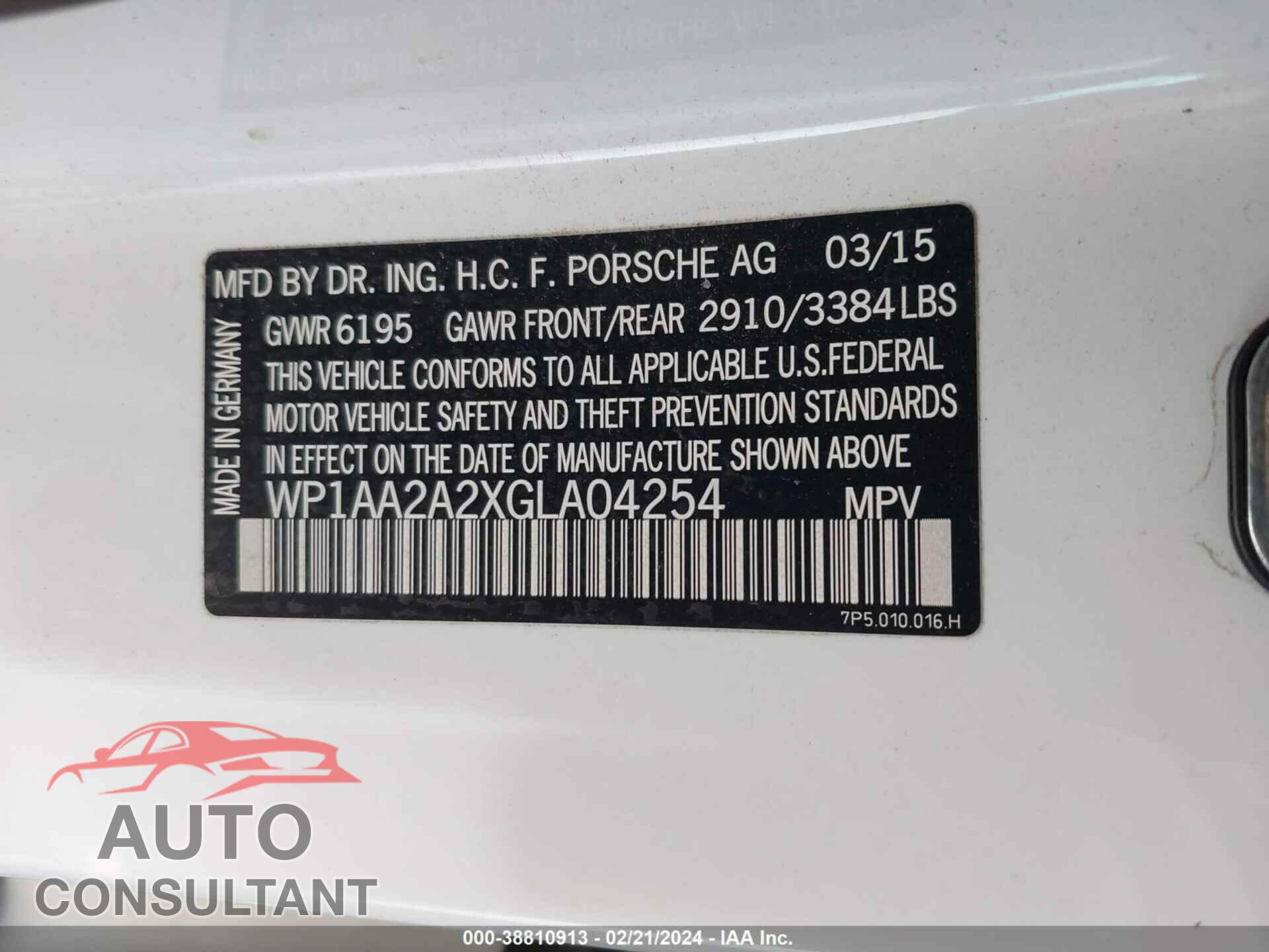 PORSCHE CAYENNE 2016 - WP1AA2A2XGLA04254