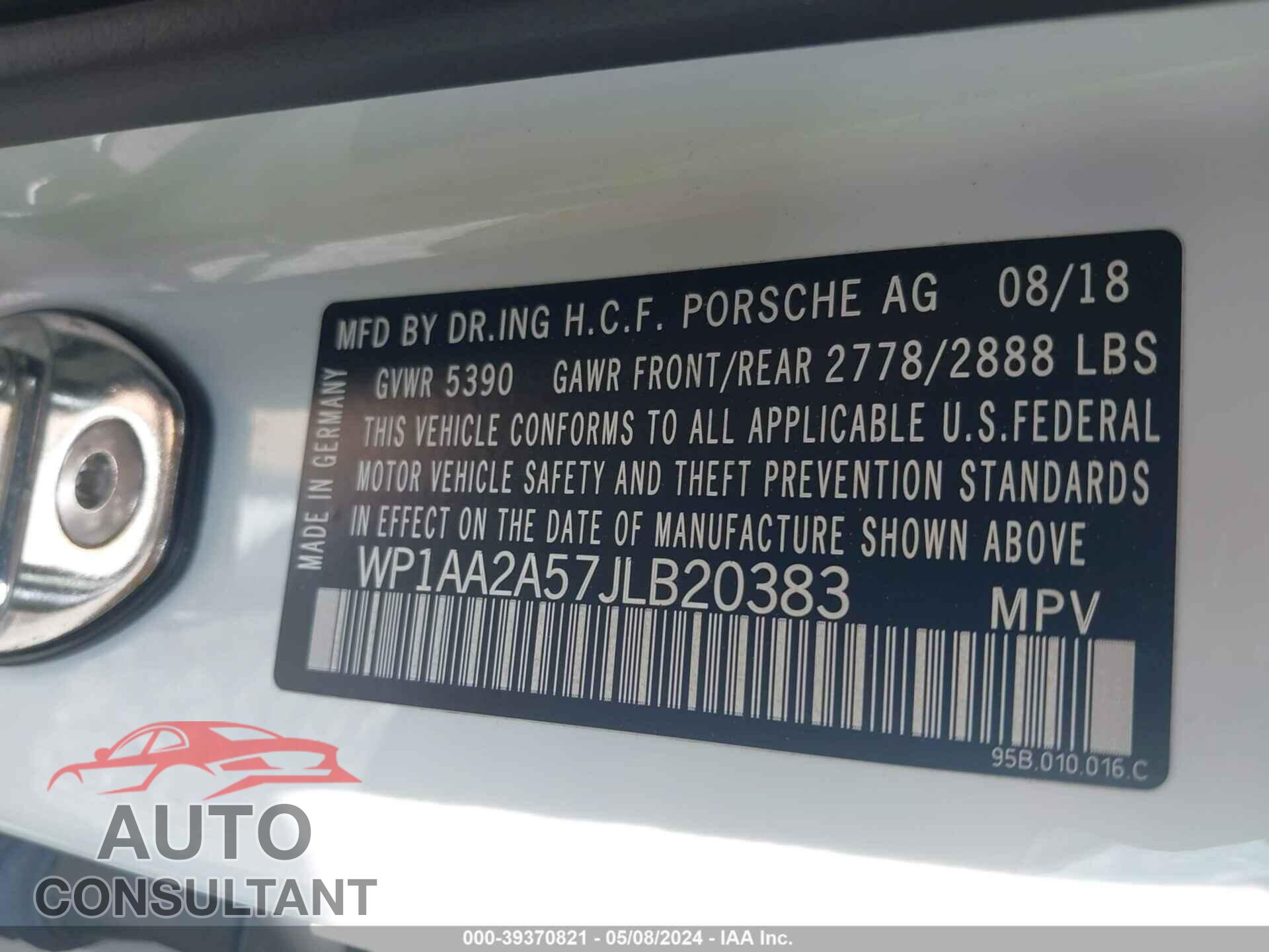 PORSCHE MACAN 2018 - WP1AA2A57JLB20383