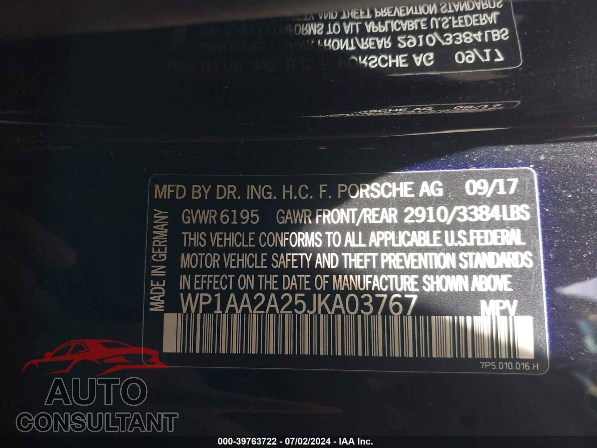 PORSCHE CAYENNE 2018 - WP1AA2A25JKA03767
