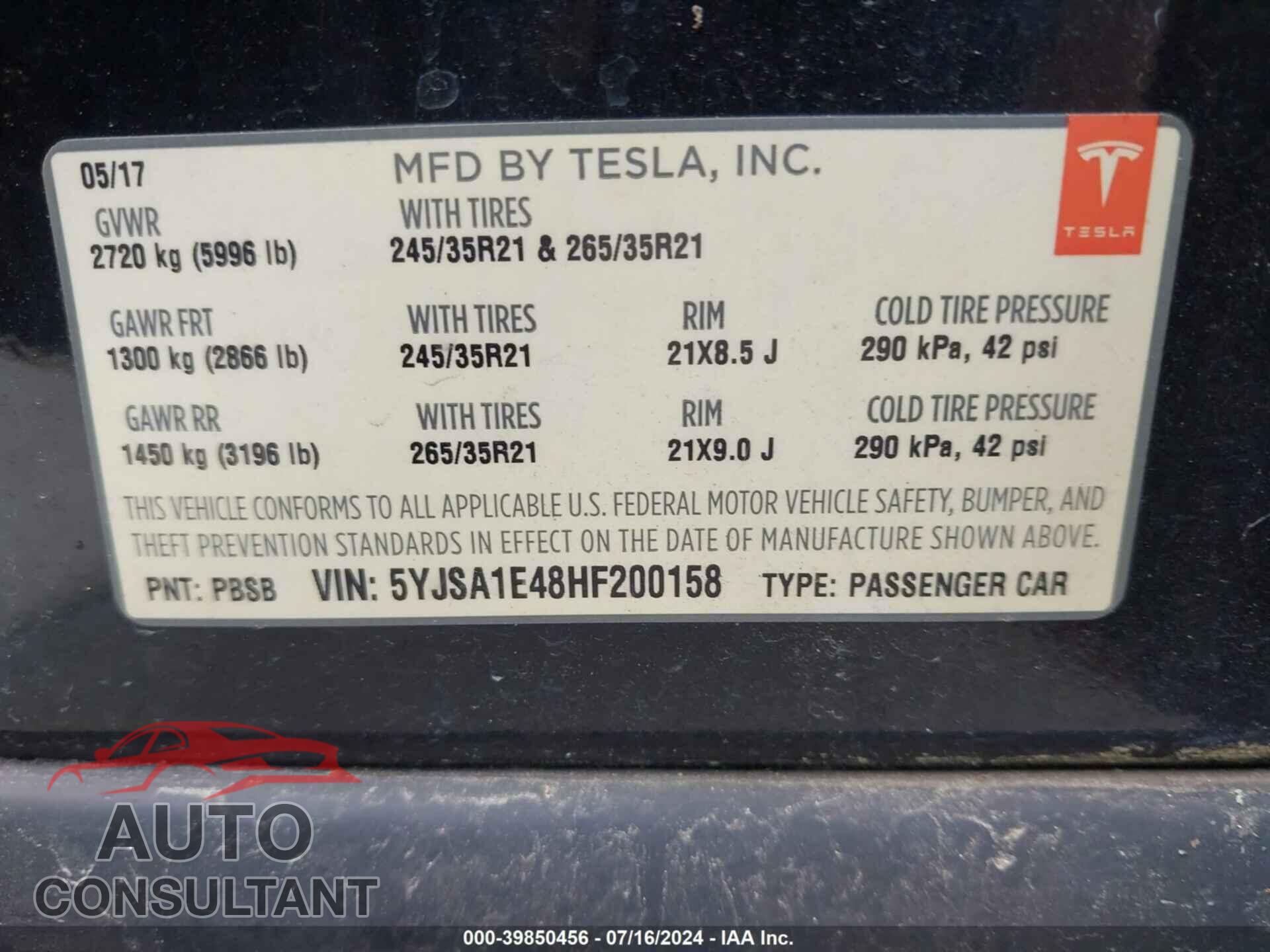 TESLA MODEL S 2017 - 5YJSA1E48HF200158
