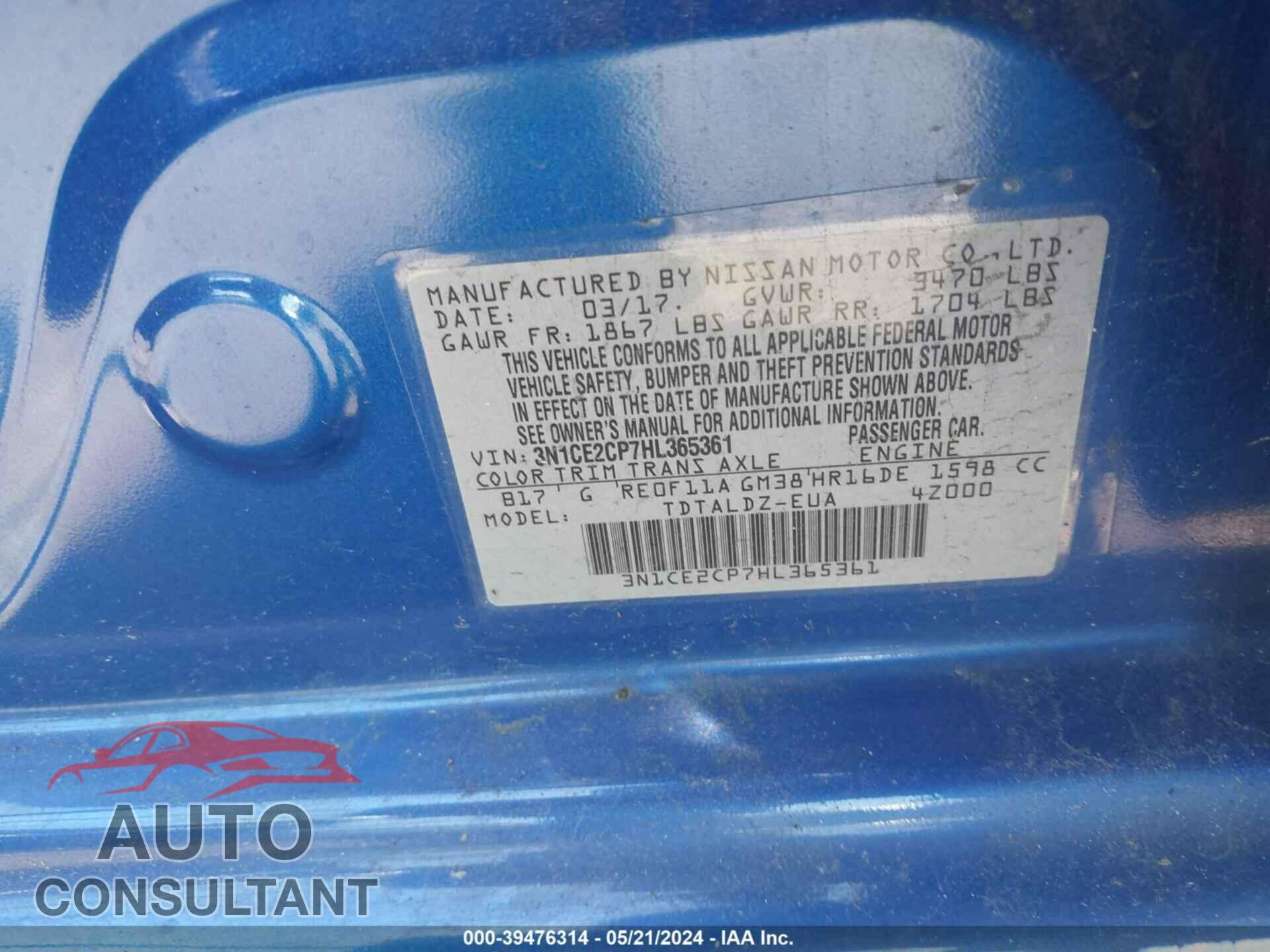 NISSAN VERSA NOTE 2017 - 3N1CE2CP7HL365361