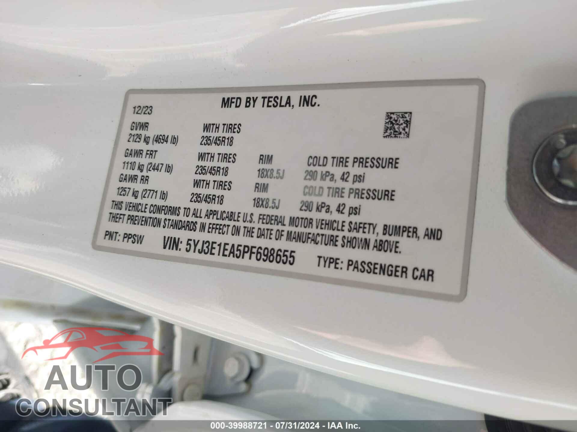 TESLA MODEL 3 2023 - 5YJ3E1EA5PF698655