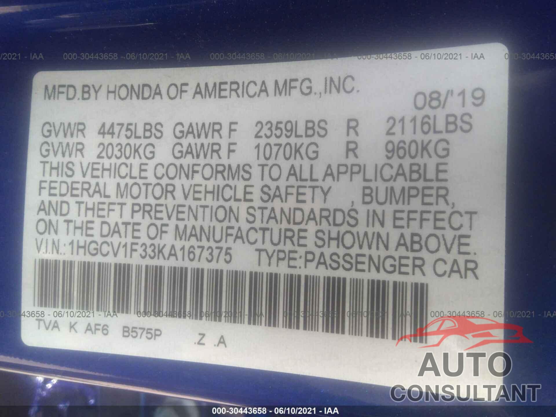 HONDA ACCORD SEDAN 2019 - 1HGCV1F33KA167375