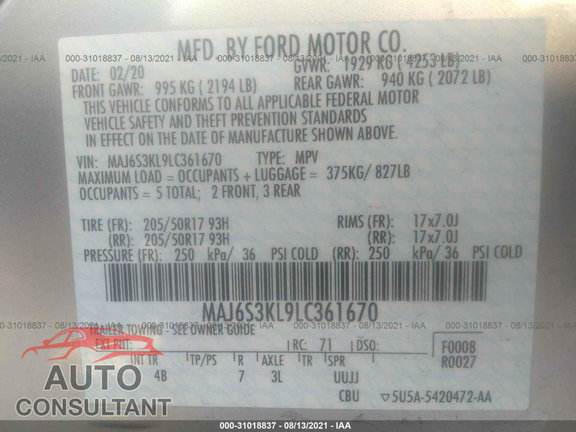 FORD ECOSPORT 2020 - MAJ6S3KL9LC361670