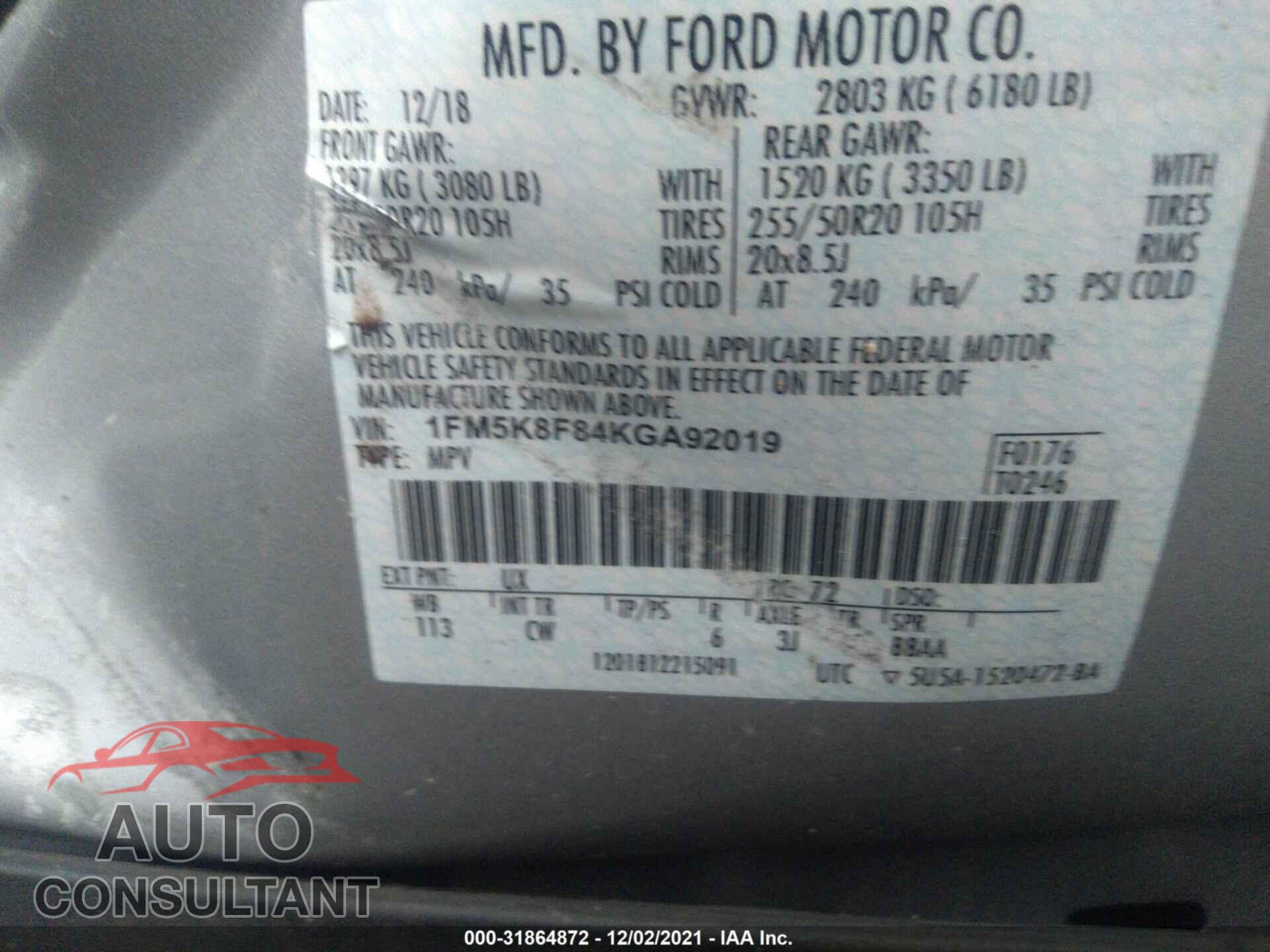 FORD EXPLORER 2019 - 1FM5K8F84KGA92019